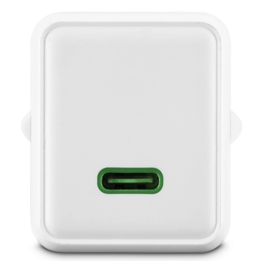 Un adattatore caricabatterie USB-C bianco. Ha una porta USB-C verde in basso. L'adattatore è rettangolare con angoli arrotondati.
