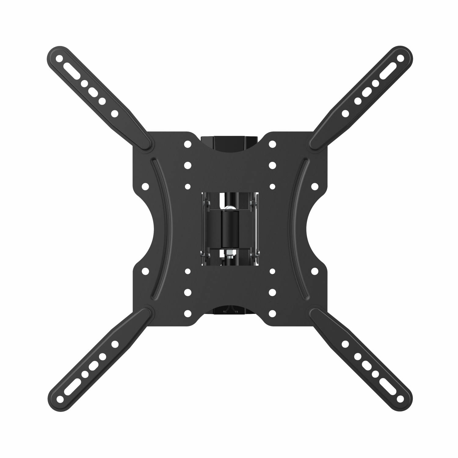 Soporte de pared negro para TV, con cuatro brazos que se extienden hacia afuera. Tiene múltiples orificios para el montaje y ajuste.