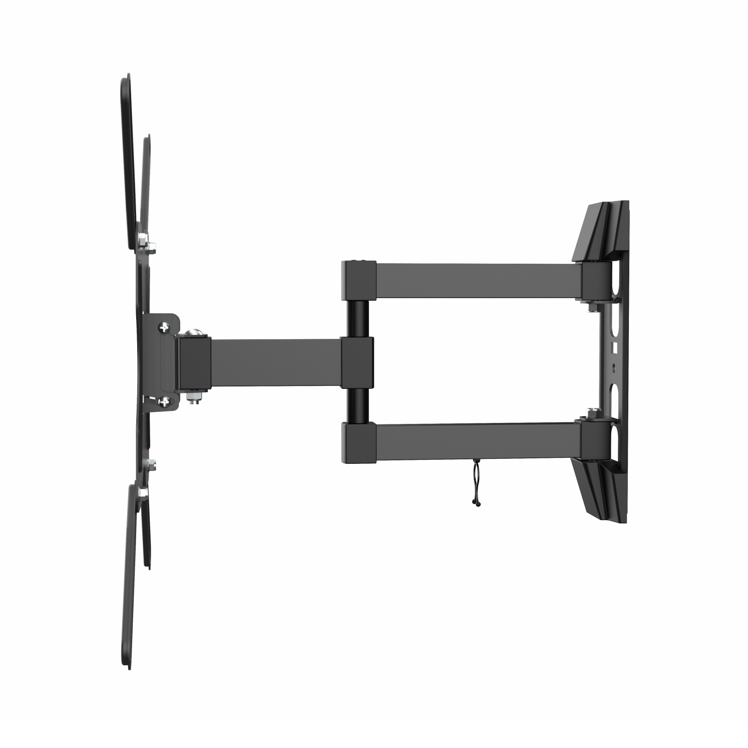 Un soporte de pared para TV negro y articulado. Tiene varios brazos y articulaciones que le permiten extenderse y girar. El fondo es blanco.
