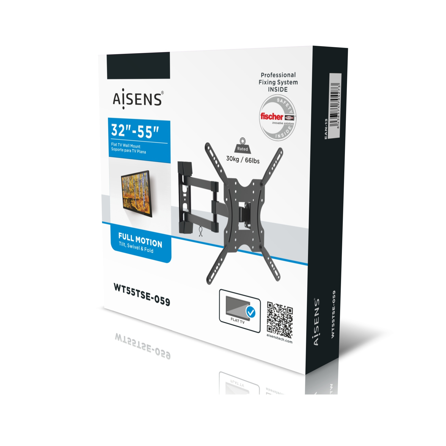 Una caja de soporte de pared para TV con detalles del producto, un gráfico de TV plana y un código QR. Está etiquetada como 'Aisens' y '32"-55"'.