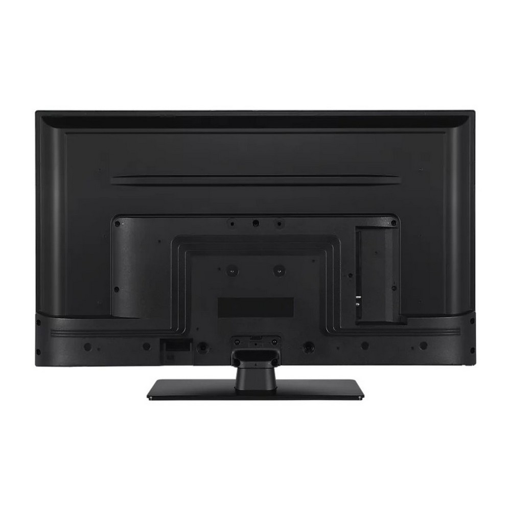 Vista trasera de un televisor de pantalla plana negro sobre fondo blanco. El televisor tiene un soporte y varios puertos.