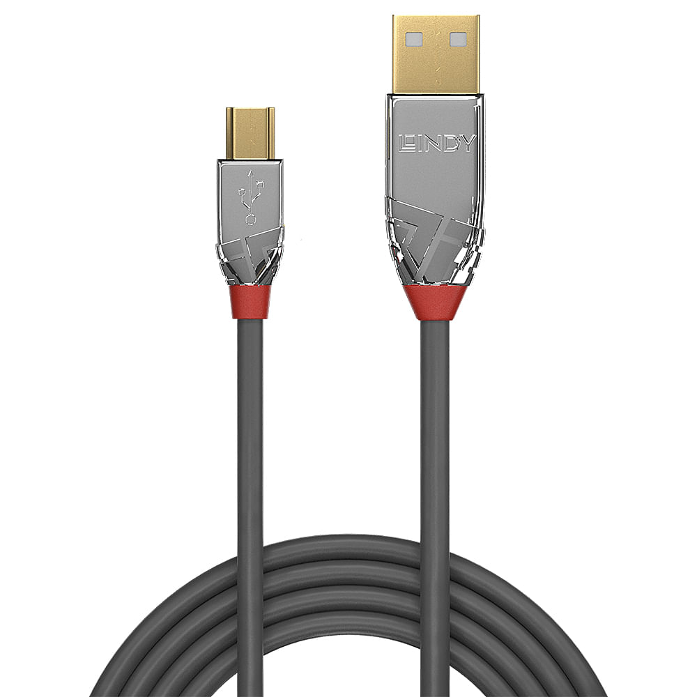 Een grijze USB-kabel met gouden en zilveren connectoren. De kabel heeft rode accenten en is onderaan opgerold.