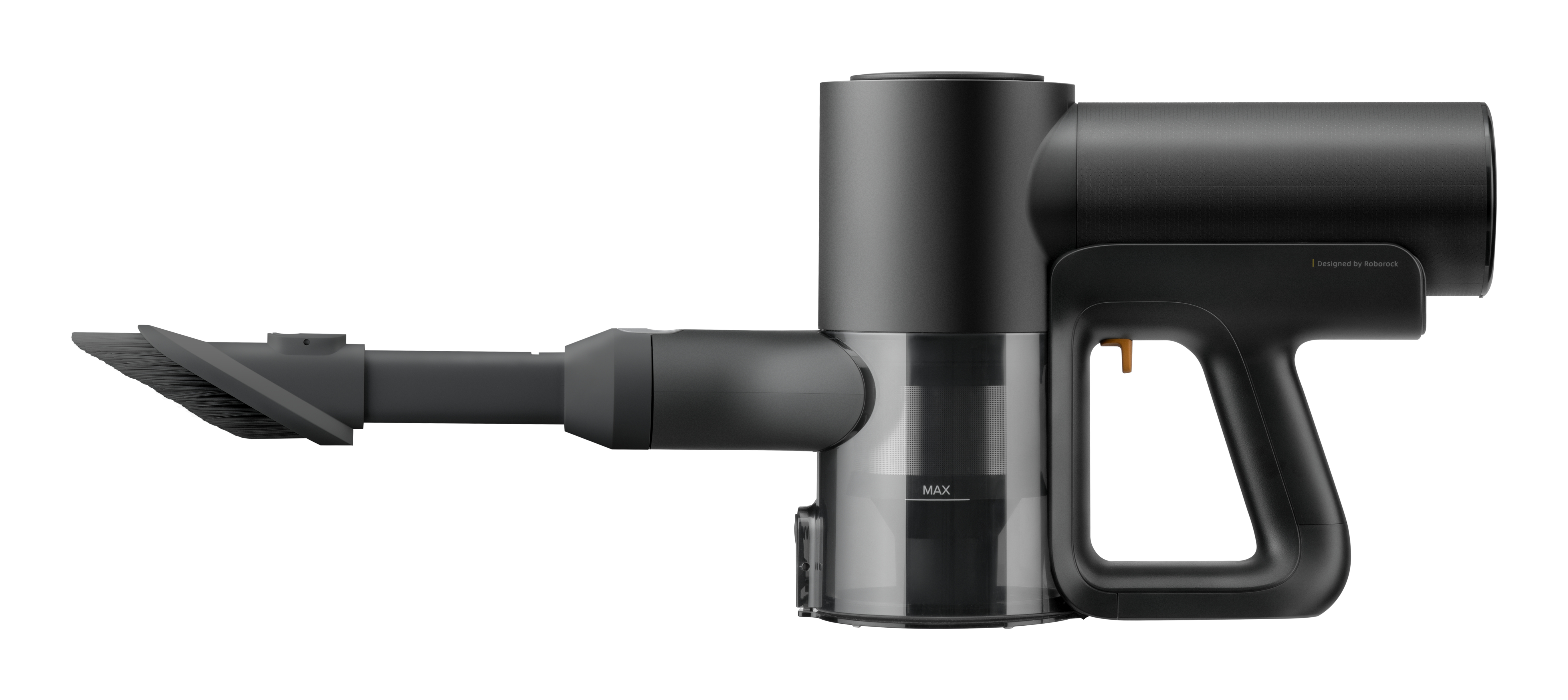 Czarny odkurzacz bezprzewodowy z głowicą szczotkową. Uchwyt ma pomarańczowy spust. Korpus jest cylindryczny.