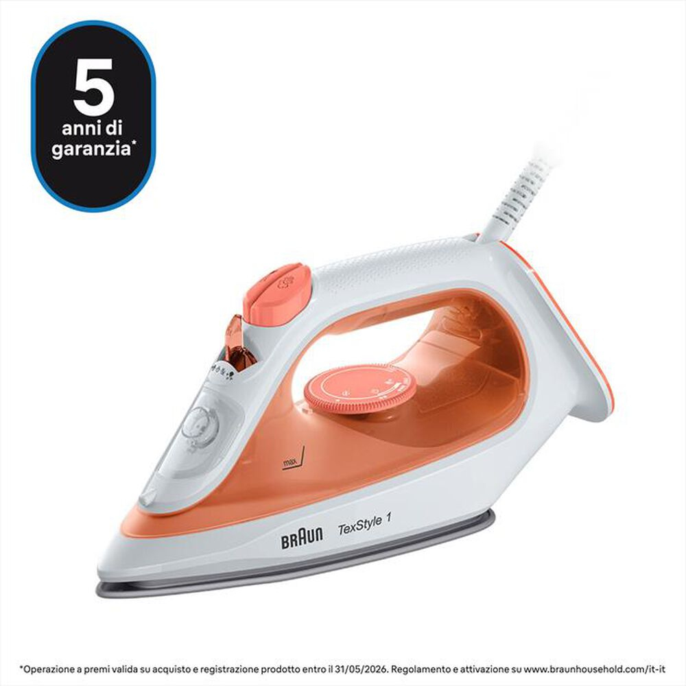 Ein weißes und orangefarbenes Braun TexStyle 1 Bügeleisen. Es hat ein Rad, Knöpfe und ein Kabel. Ein schwarzes Oval zeigt '5 anni di garanzia'.