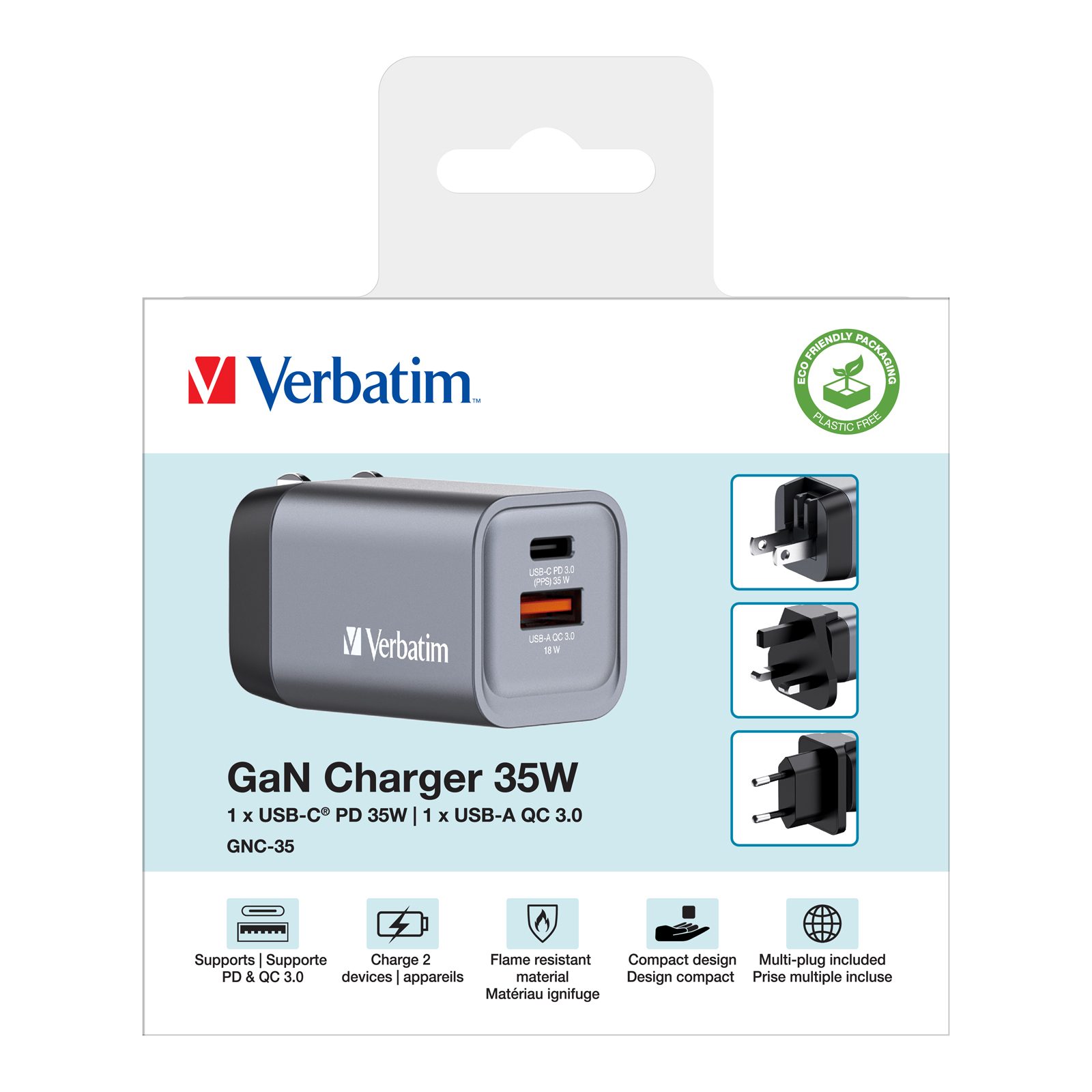 Un cargador Verbatim GaN de 35W con puertos USB-C y USB-A está en exhibición. Incluye múltiples opciones de enchufe.