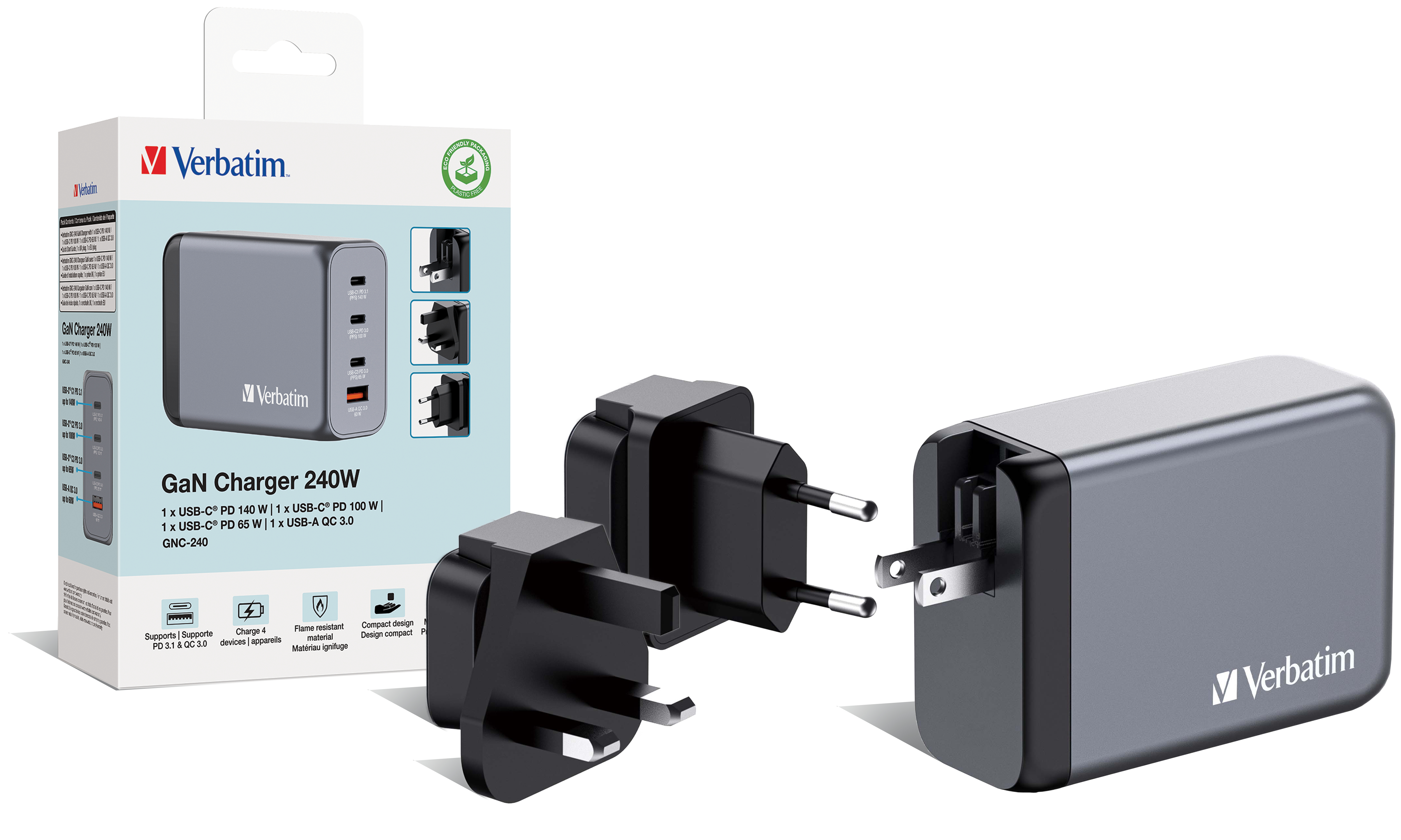 Ein Verbatim GaN-Ladegerät 240W mit Adaptern. Die Box und das Ladegerät sind grau und schwarz.