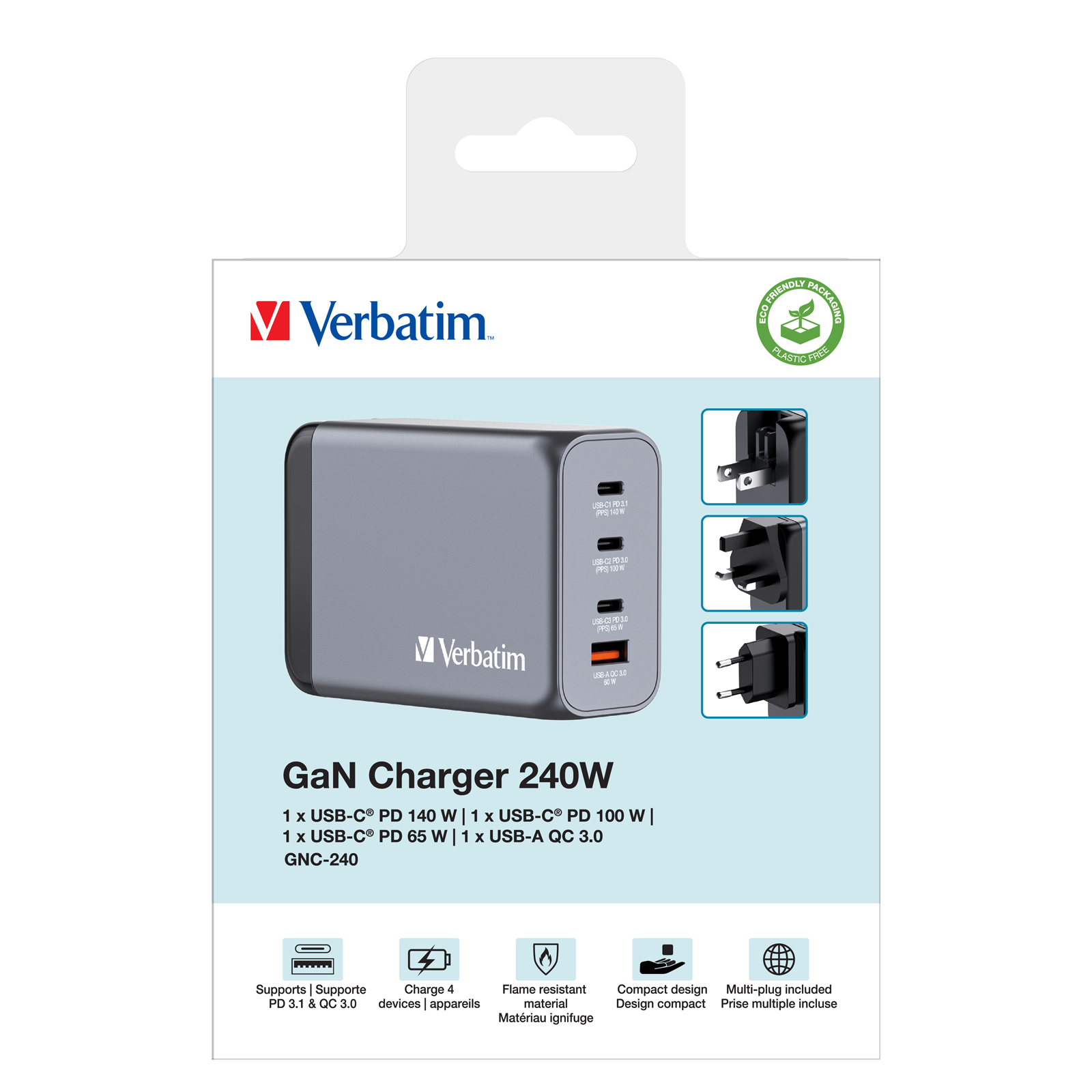 Ein graues Verbatim GaN 240W Ladegerät mit mehreren USB-Anschlüssen. Enthält verschiedene Steckertypen und umweltfreundliche Verpackung.