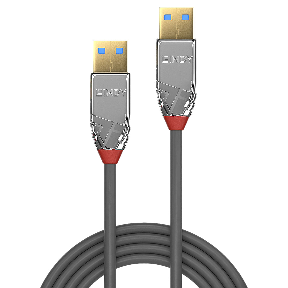 Deux câbles USB LINDY avec connecteurs dorés, boîtiers argentés, accents rouges et câbles gris. Ils se courbent sur fond blanc.