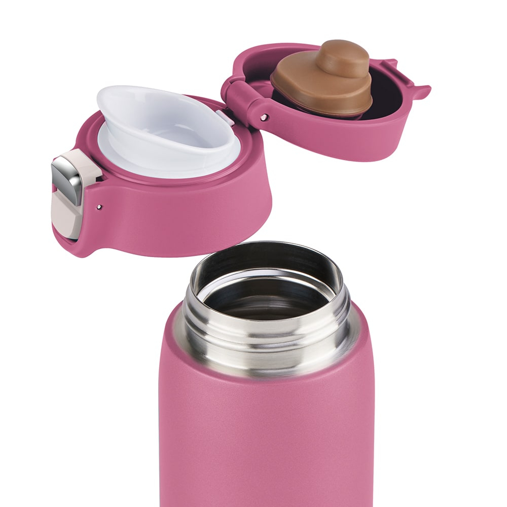 Eine rosa Wasserflasche mit offenem Deckel. Der Deckel hat einen weißen Ausguss und einen braunen Stöpsel. Die Flasche ist innen aus Edelstahl.