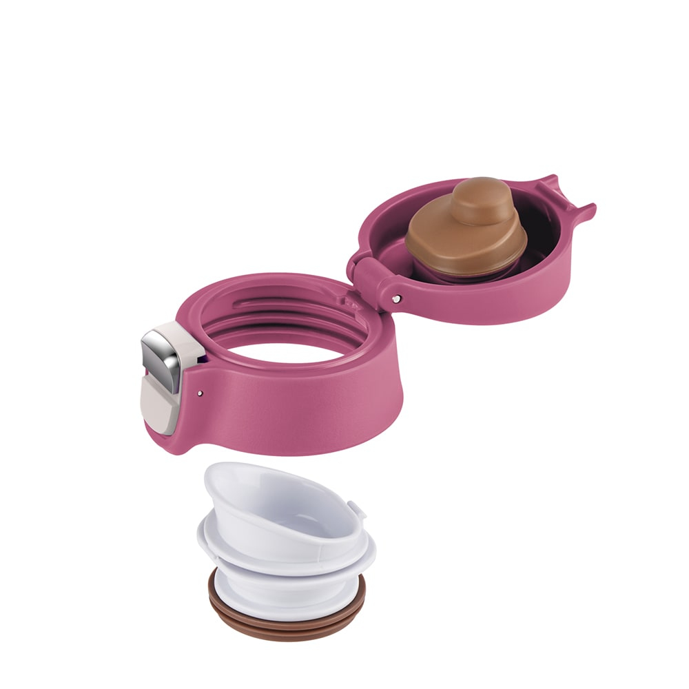 Zerlegter rosa-brauner Wasserflaschenverschluss. Teile sind Deckel, Ausguss und Boden. Der Deckel hat einen braunen Knopf.