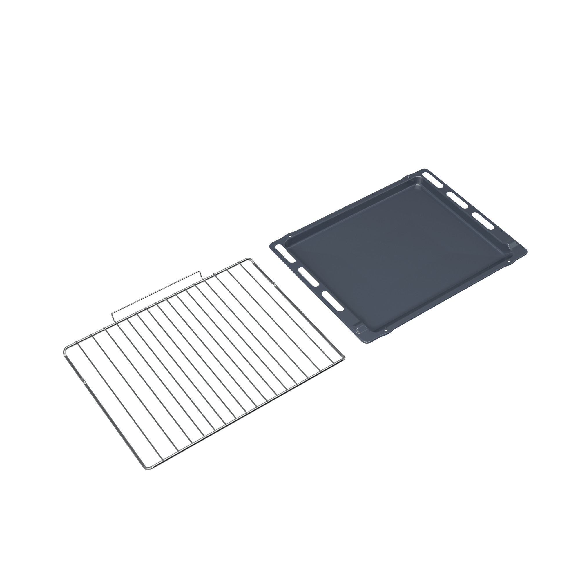 Ruszt i blacha do pieczenia leżą na białej powierzchni. Blacha jest szara, ruszt metalowy.