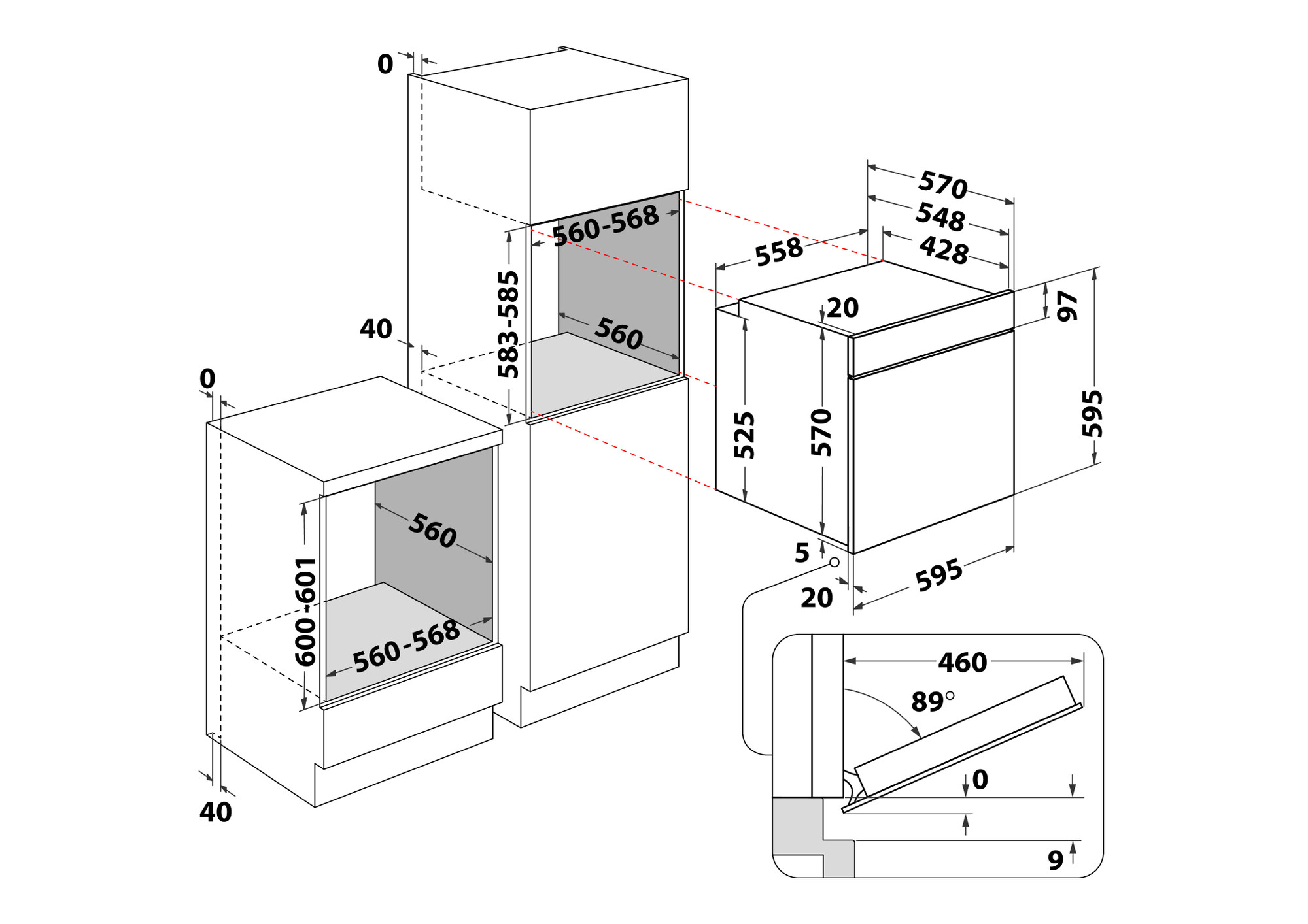 Schemat wbudowanych urządzeń kuchennych z wymiarami. Zawiera obrysy piekarnika, kuchenki mikrofalowej i szafki z wymiarami w mm.