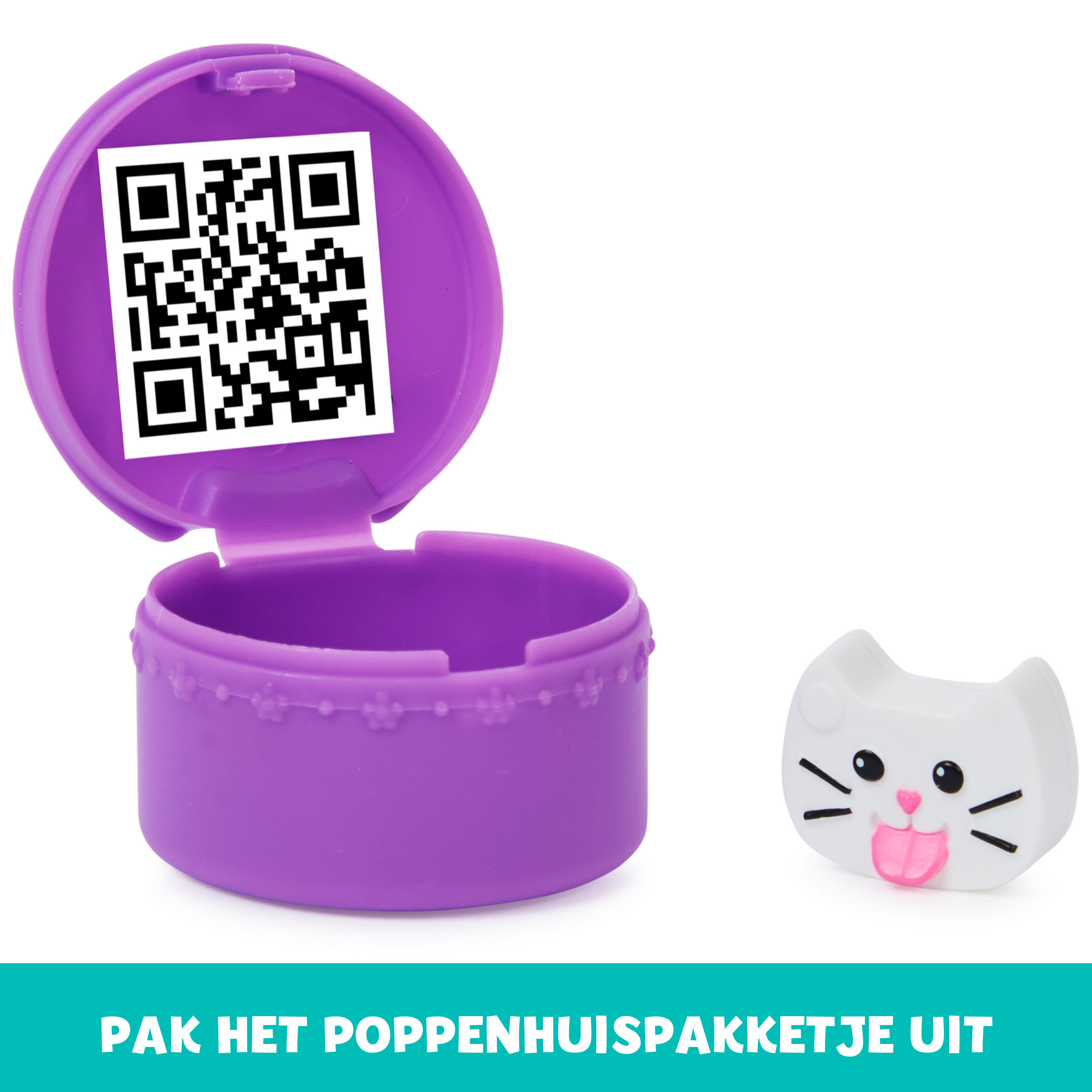 Fioletowy pojemnik z kodem QR, zabawka w kształcie głowy kota z wystawionym językiem. Białe tło z turkusowym tekstem.