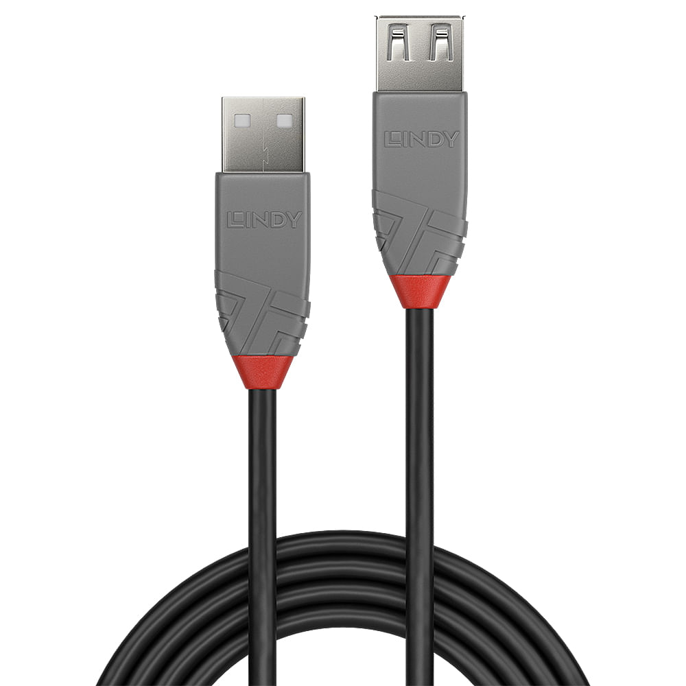 Due cavi USB LINDY con connettori grigi, accenti rossi e cavi neri. I cavi sono disposti a forma di otto.