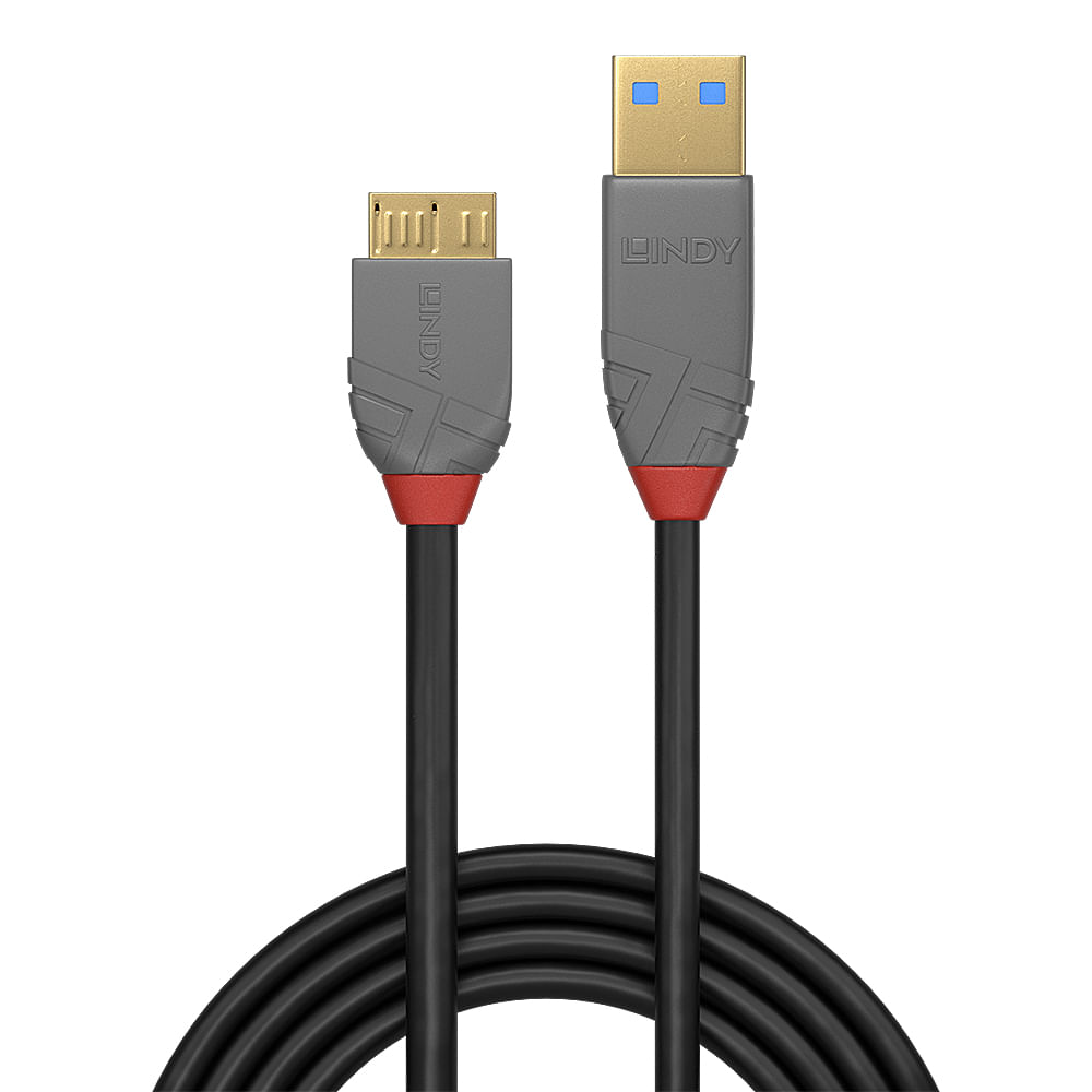 Dwa kable USB LINDY. Jeden ma złącze USB-A, drugi USB-B. Oba mają szare końcówki, czerwone akcenty i czarne kable.