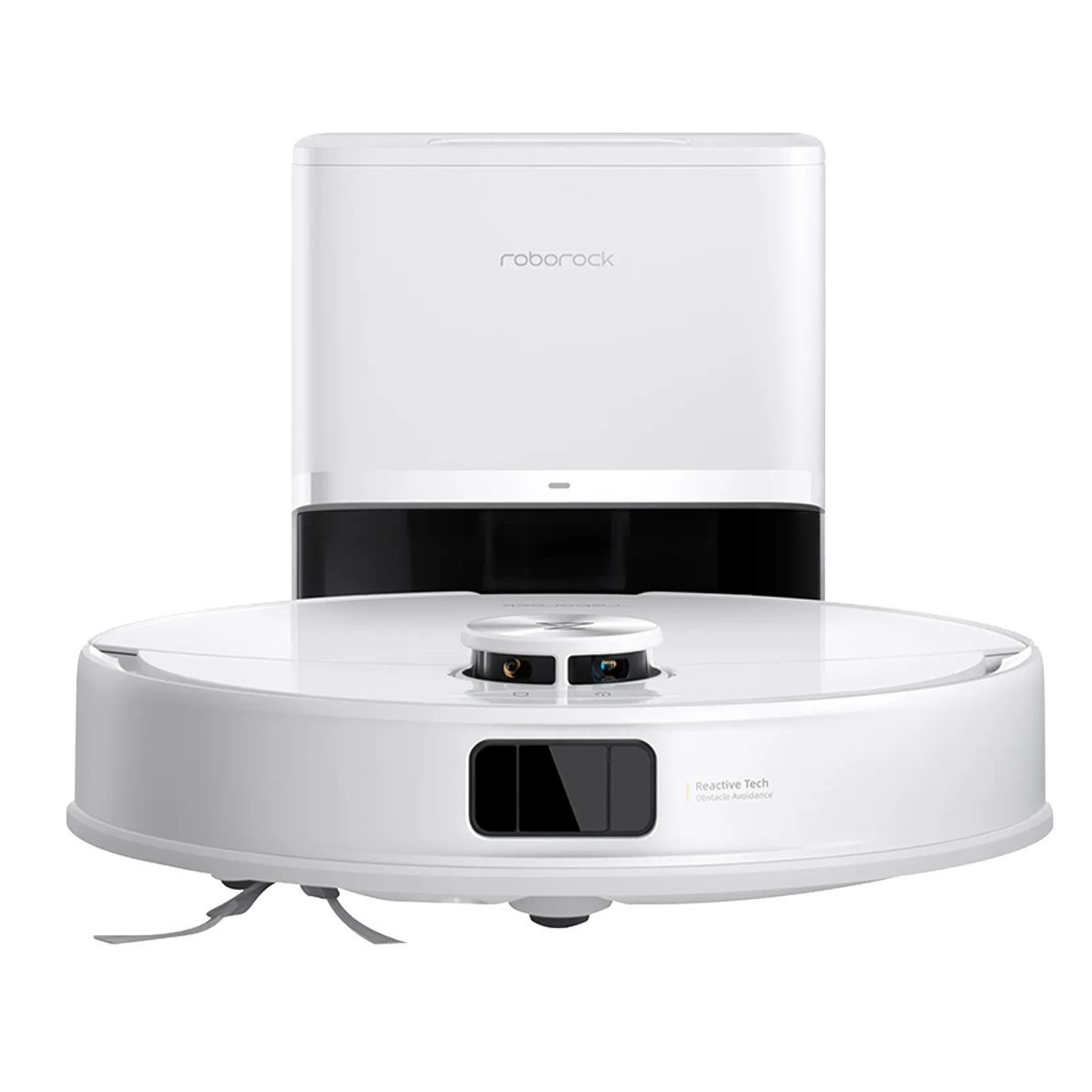 Een witte Roborock robotstofzuiger met een oplaadstation. De stofzuiger heeft een ronde behuizing en een zwarte sensor. Het station is wit.