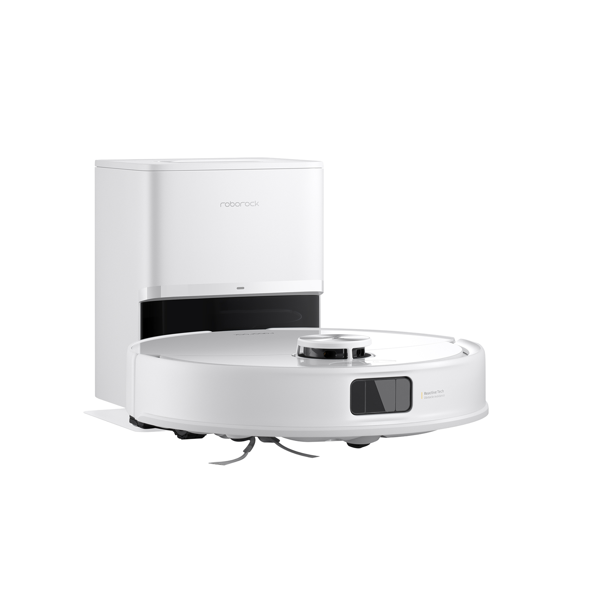 Een witte Roborock robotstofzuiger en zijn oplaadstation. De stofzuiger heeft een ronde behuizing.
