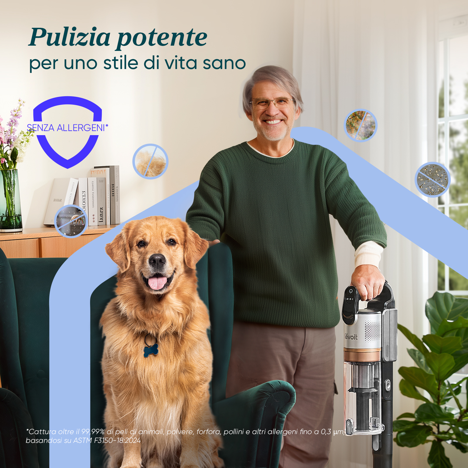 Mężczyzna uśmiecha się z psem. Odkurzacz stoi obok. Tekst mówi 'skuteczne czyszczenie dla zdrowego stylu życia'.