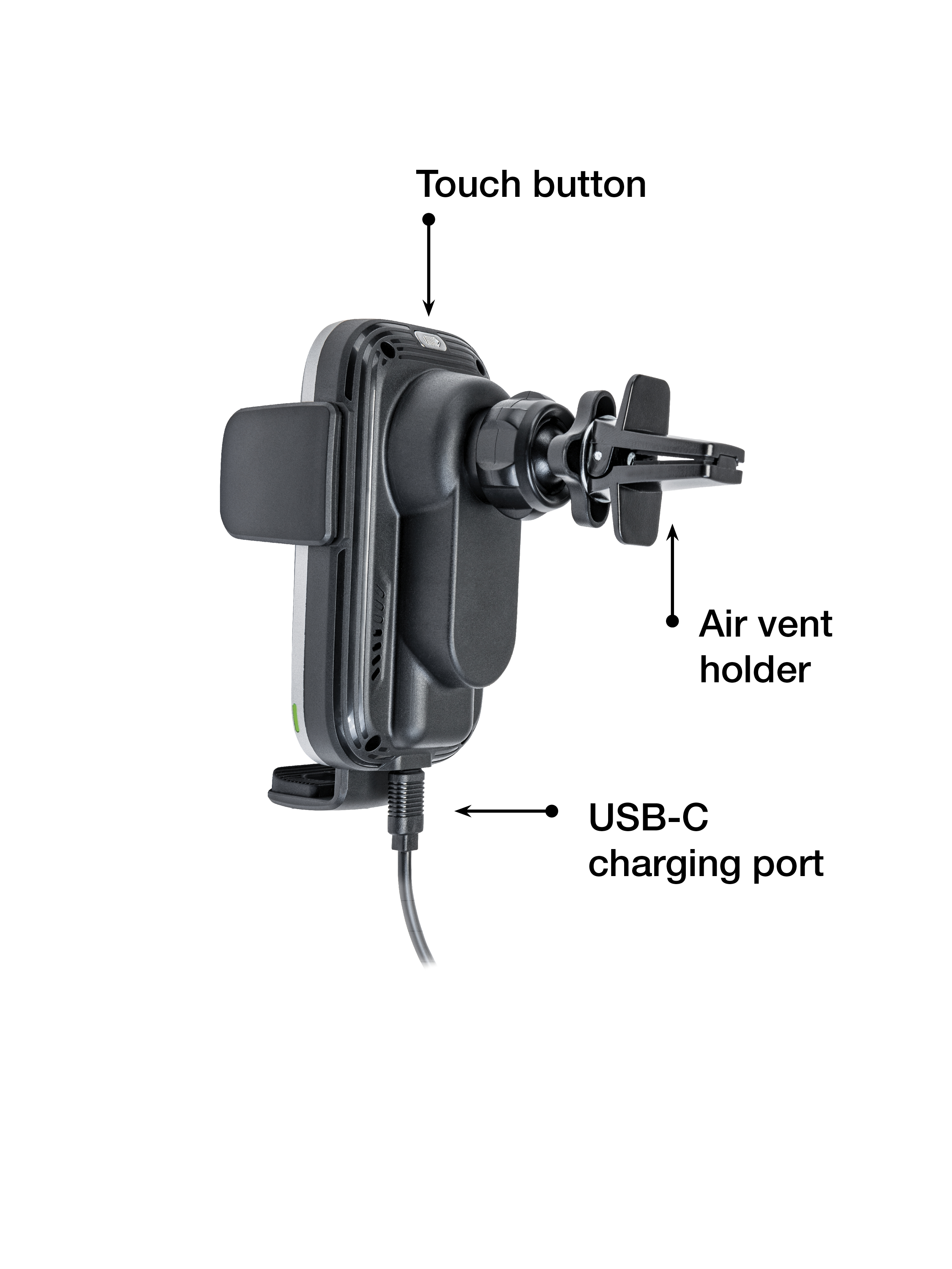 Un soporte para teléfono de coche negro con botón táctil, soporte de ventilación y puerto de carga USB-C. Sobre fondo blanco.