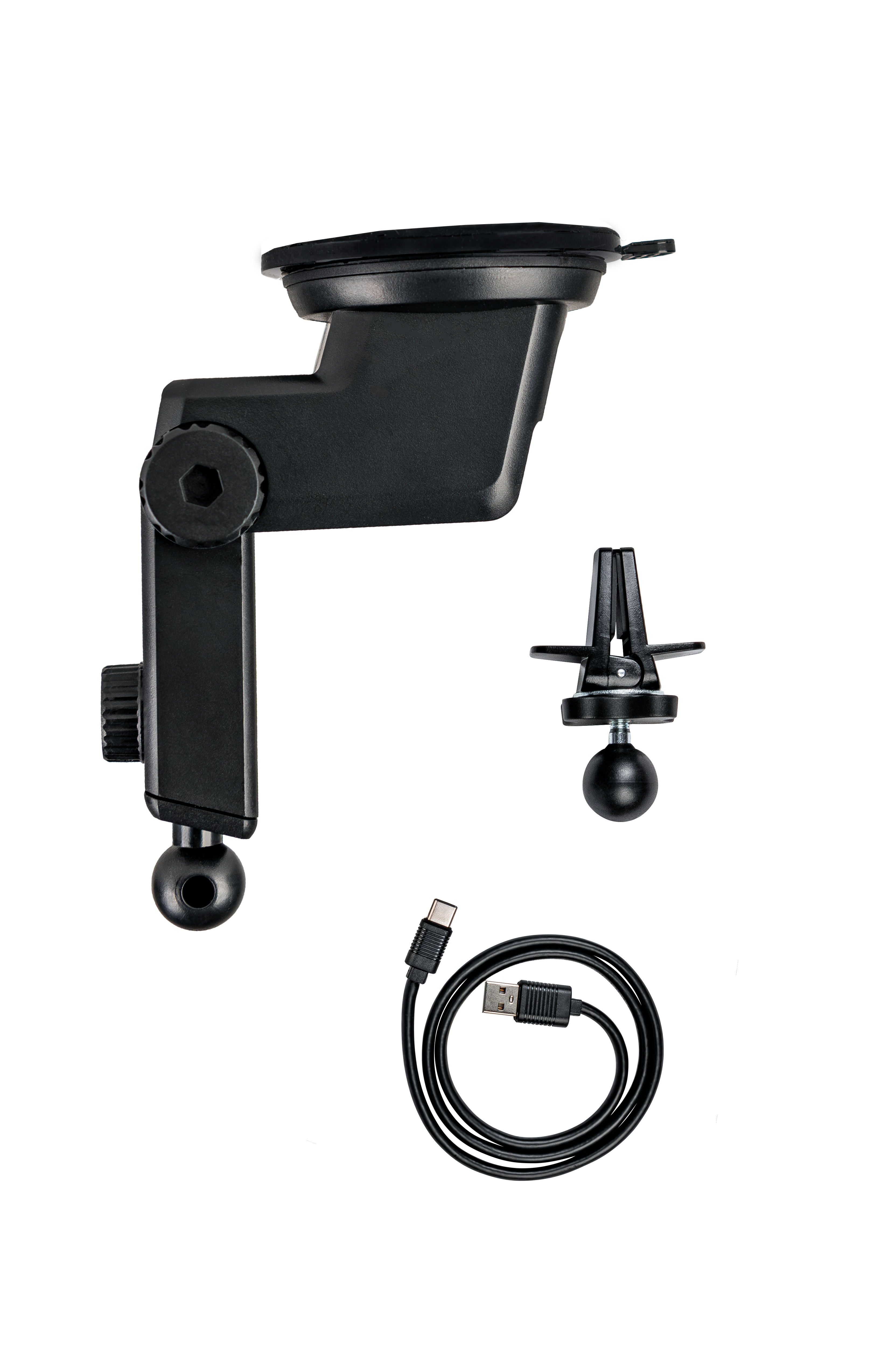 Soporte negro para teléfono de coche, clip de ventilación y cable USB sobre fondo blanco. Componentes aislados.