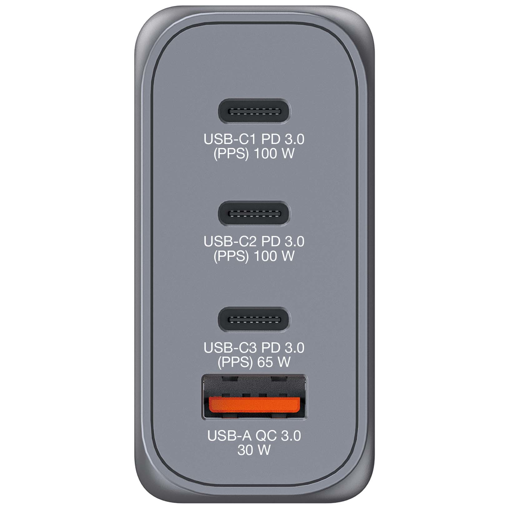 Grauer Netzadapter mit vier USB-Anschlüssen, beschriftet mit C1, C2, C3 und A. Jeder Anschluss hat Leistungsangaben.