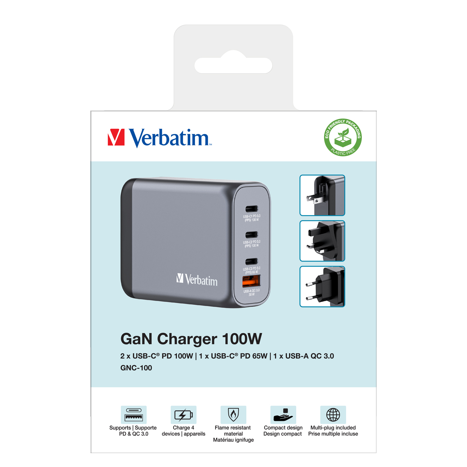 Graues Verbatim GaN-Ladegerät mit mehreren Anschlüssen. Inklusive verschiedener Adapter. Die Verpackung zeigt Produktdetails.