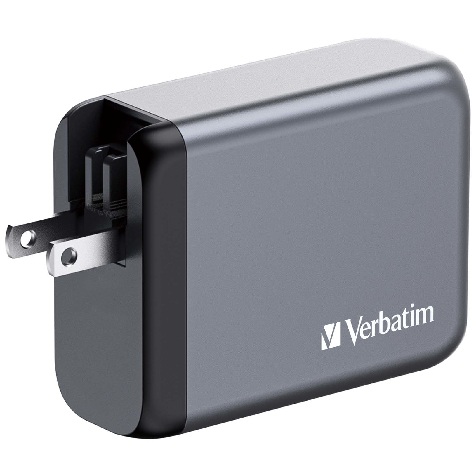 Ein graues Verbatim-Ladegerät mit schwarzem Rand. Es hat einen US-Stecker und zwei USB-Anschlüsse.