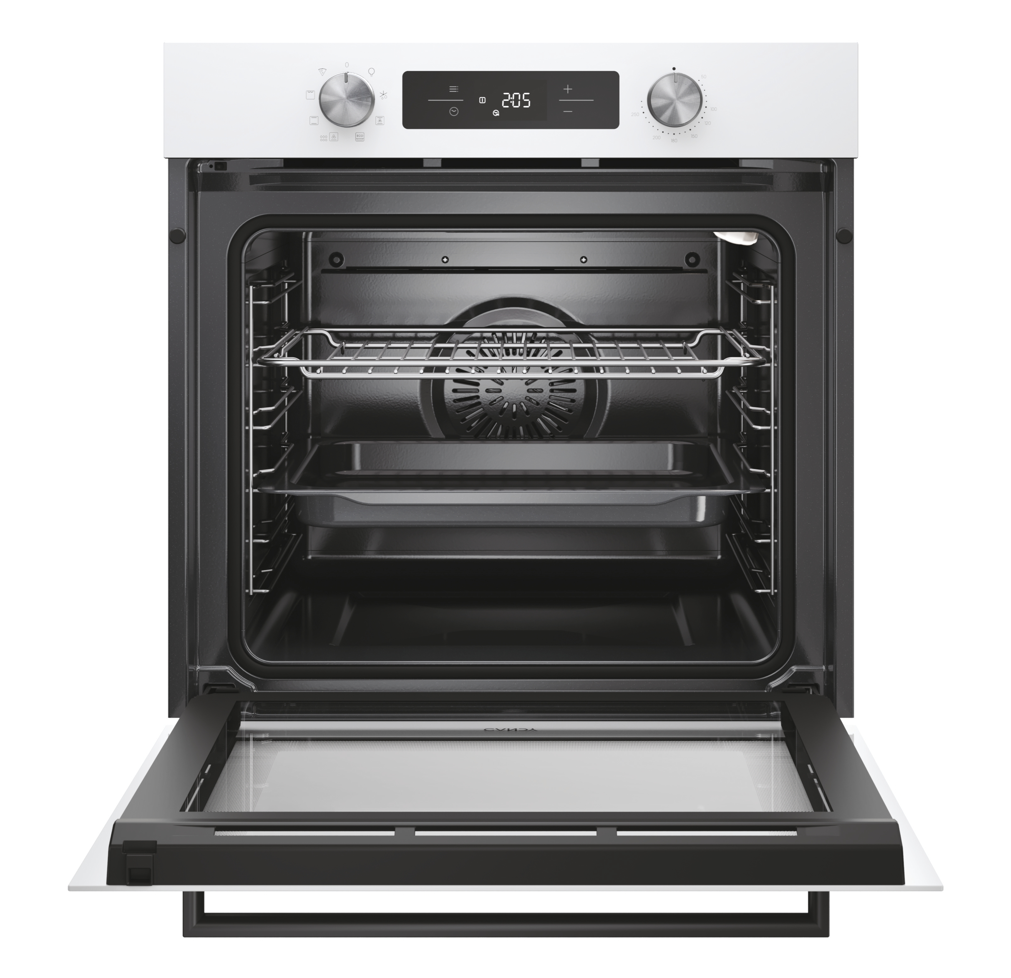 Biały piekarnik z otwartymi drzwiami. W środku są ruszty i wentylator. Drzwi piekarnika są czarne.