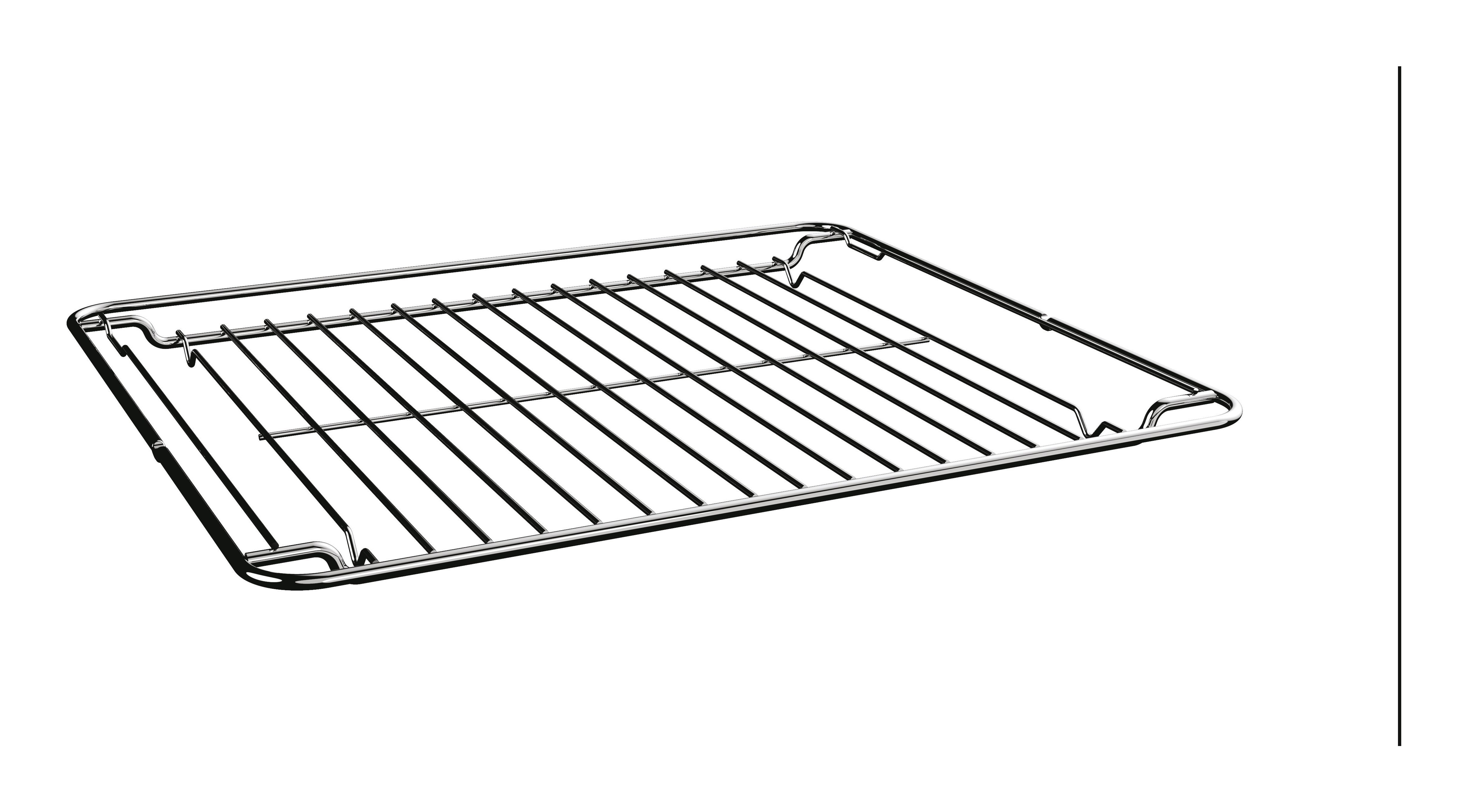 Chromowany ruszt do piekarnika, prostokątny z równoległymi prętami, na białej powierzchni. Ruszt ma metaliczny połysk.