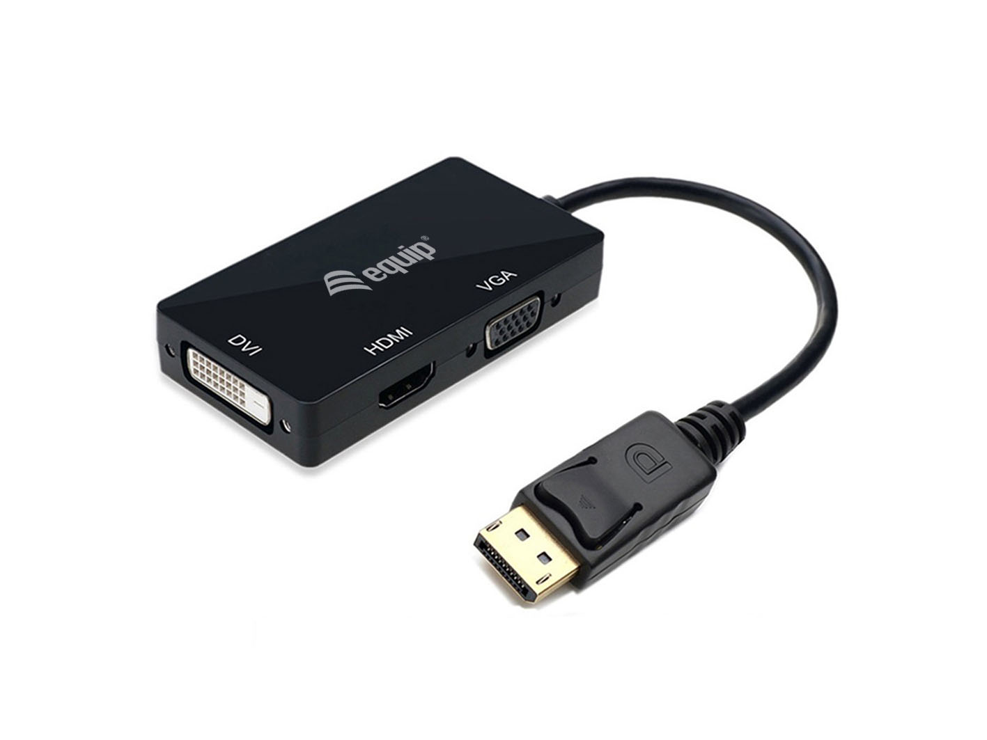 Czarny adapter equip z portami DVI, HDMI i VGA, podłączony do wtyczki DisplayPort, wszystko na białym tle.