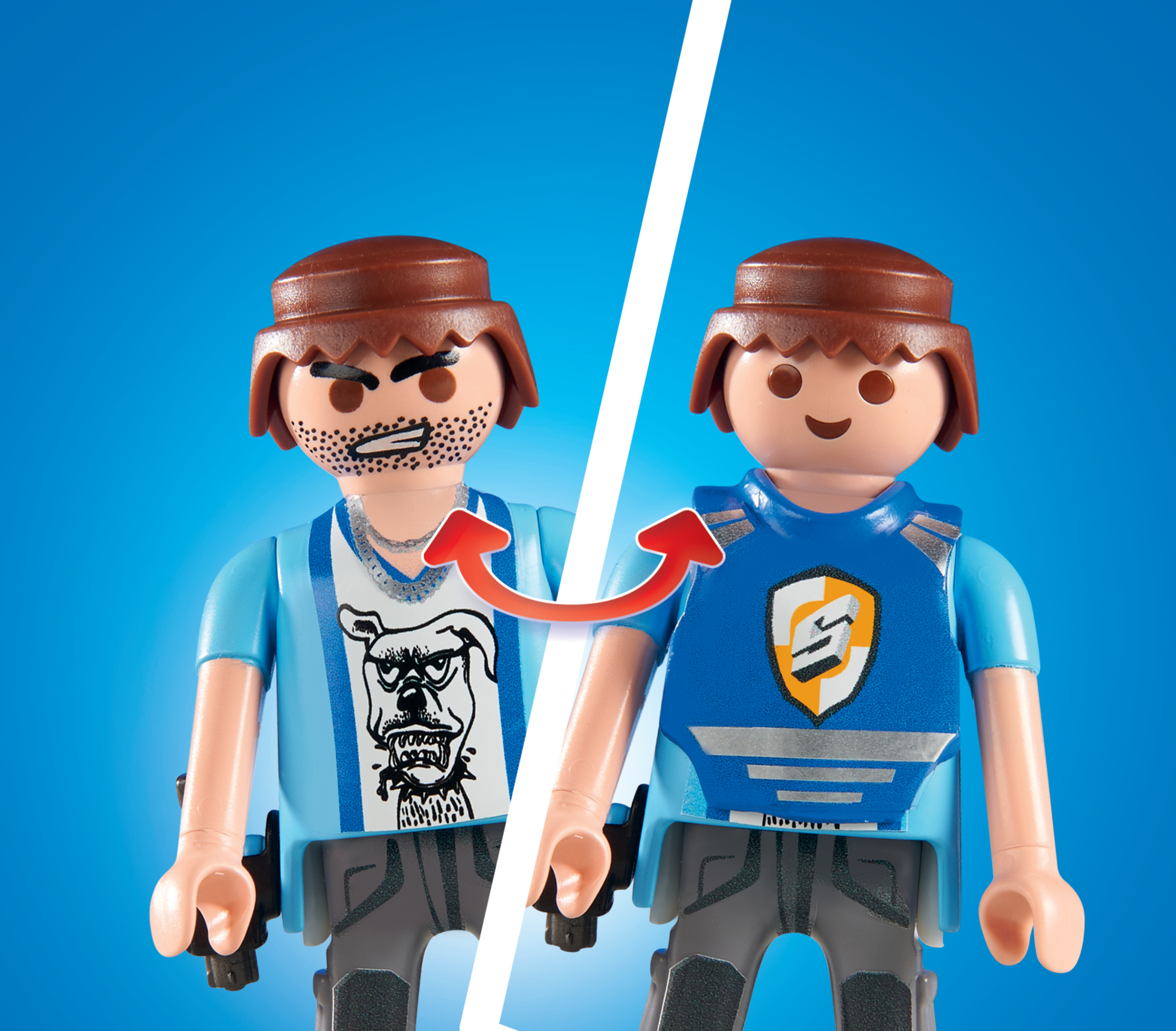 Due personaggi Playmobil, uno arrabbiato, uno sorridente. Freccia rossa indica trasformazione. Sfondo blu.