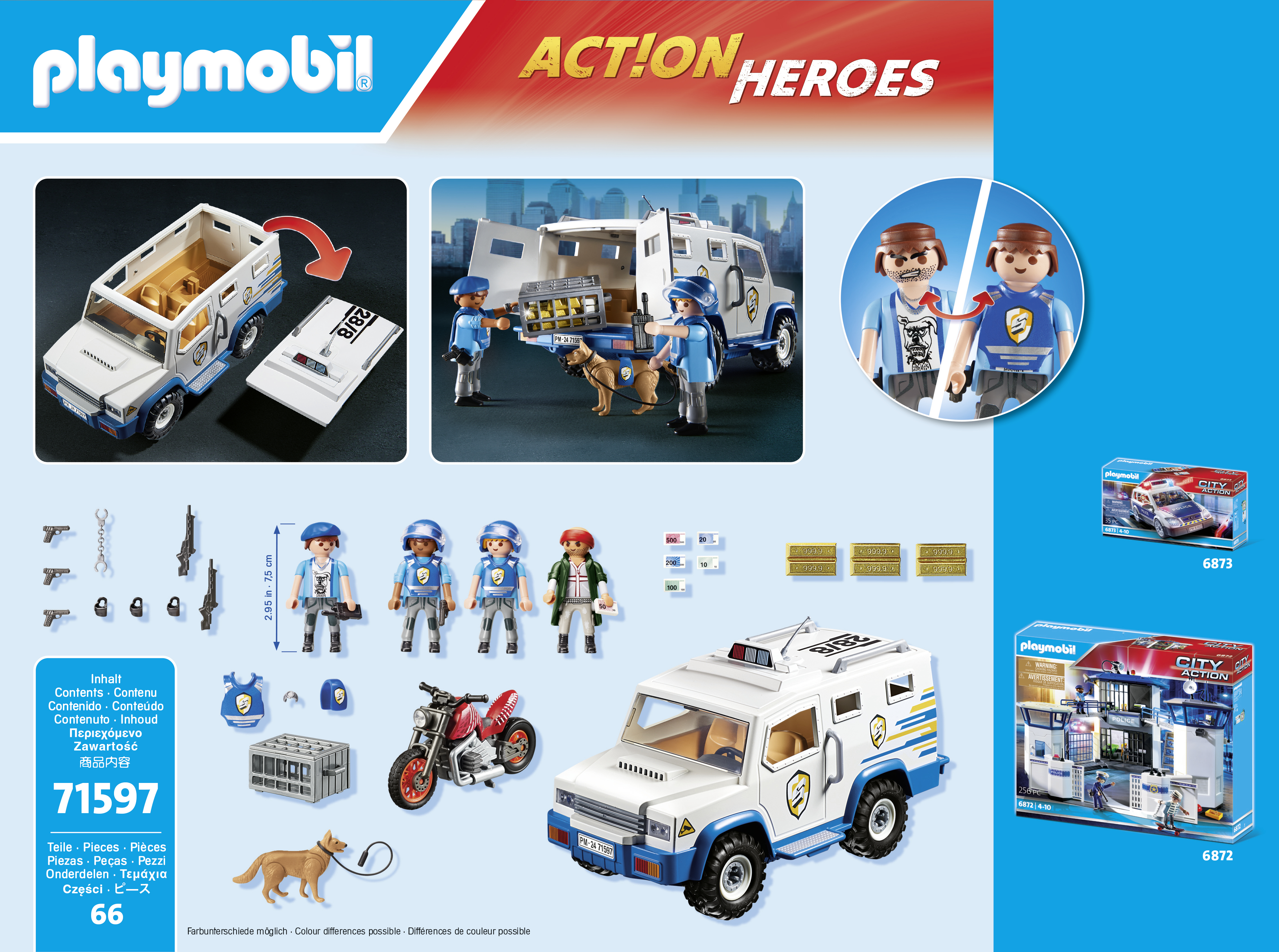 Set Playmobil Action Heroes. Include camion blindato, personaggi, accessori, lingotti d'oro, cane poliziotto e moto.