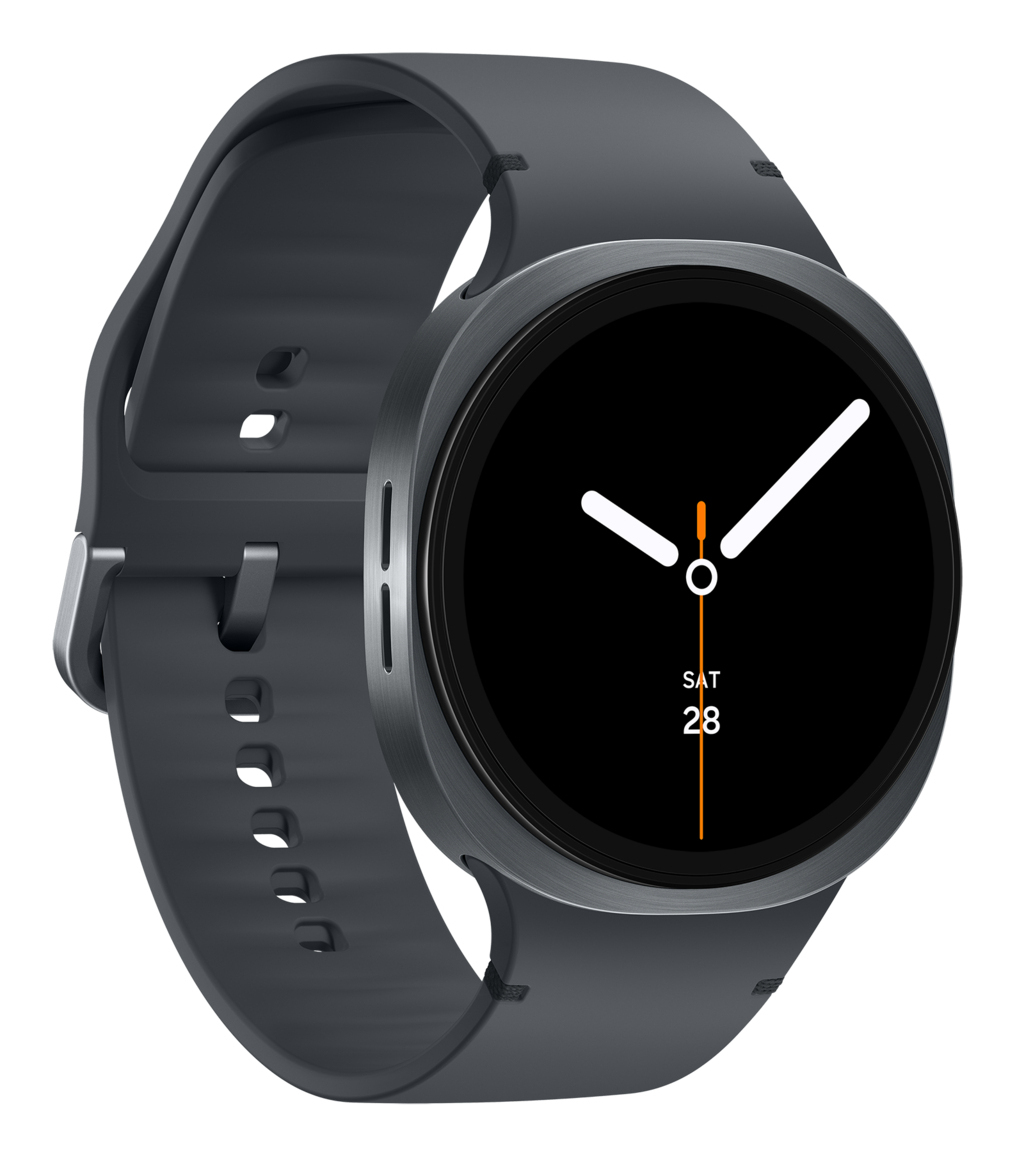 Smartwatch grigio scuro con schermo nero. Lancette bianche indicano l'ora. La data è sabato 28. Il cinturino è grigio.