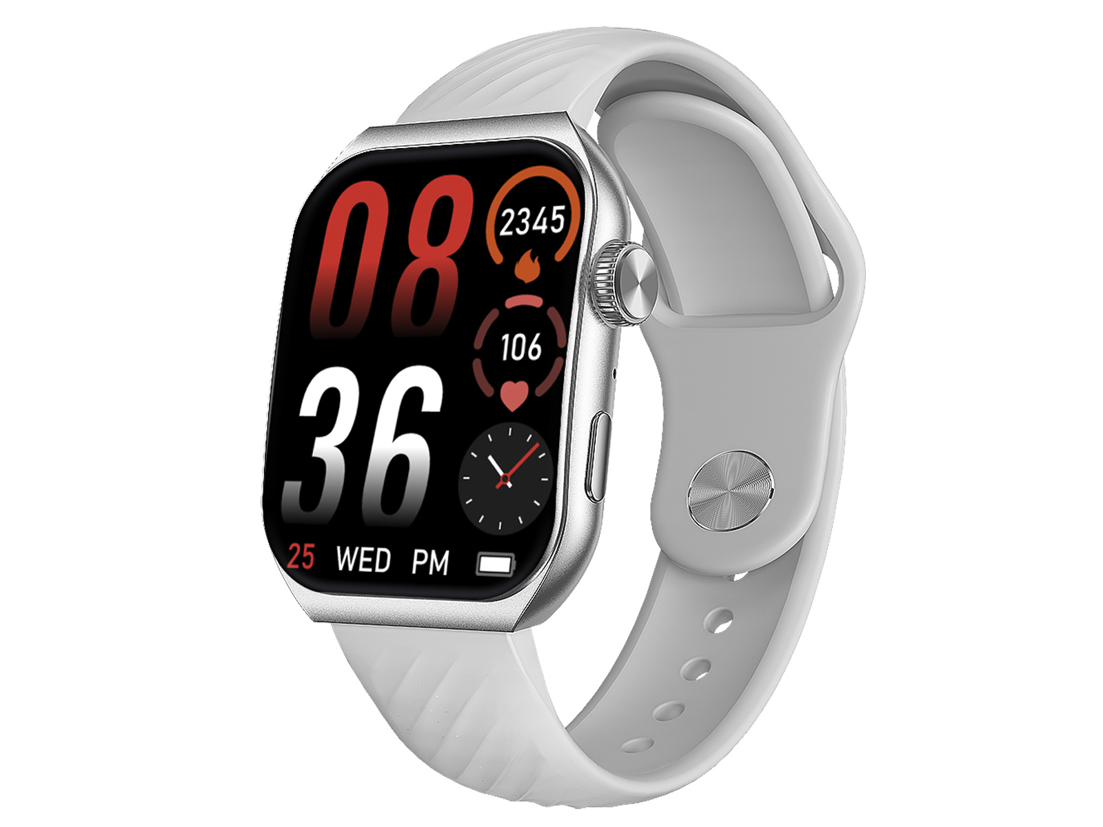 Eine weiße Smartwatch mit silbernem Rahmen zeigt Zeit, Datum und Gesundheitsmetriken an. Das Armband ist weiß. Der Hintergrund ist weiß.