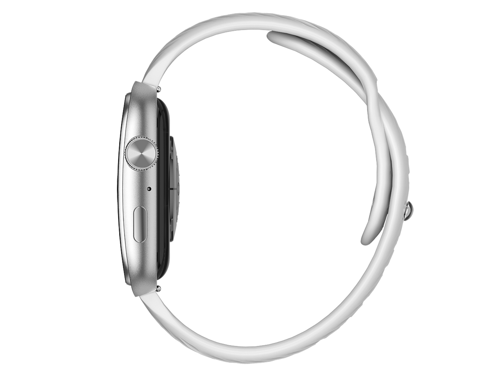 Seitenansicht einer silbernen Smartwatch mit schwarzem Bildschirm und weißem Armband. Das Armband ist gebogen und am Uhrengehäuse befestigt.