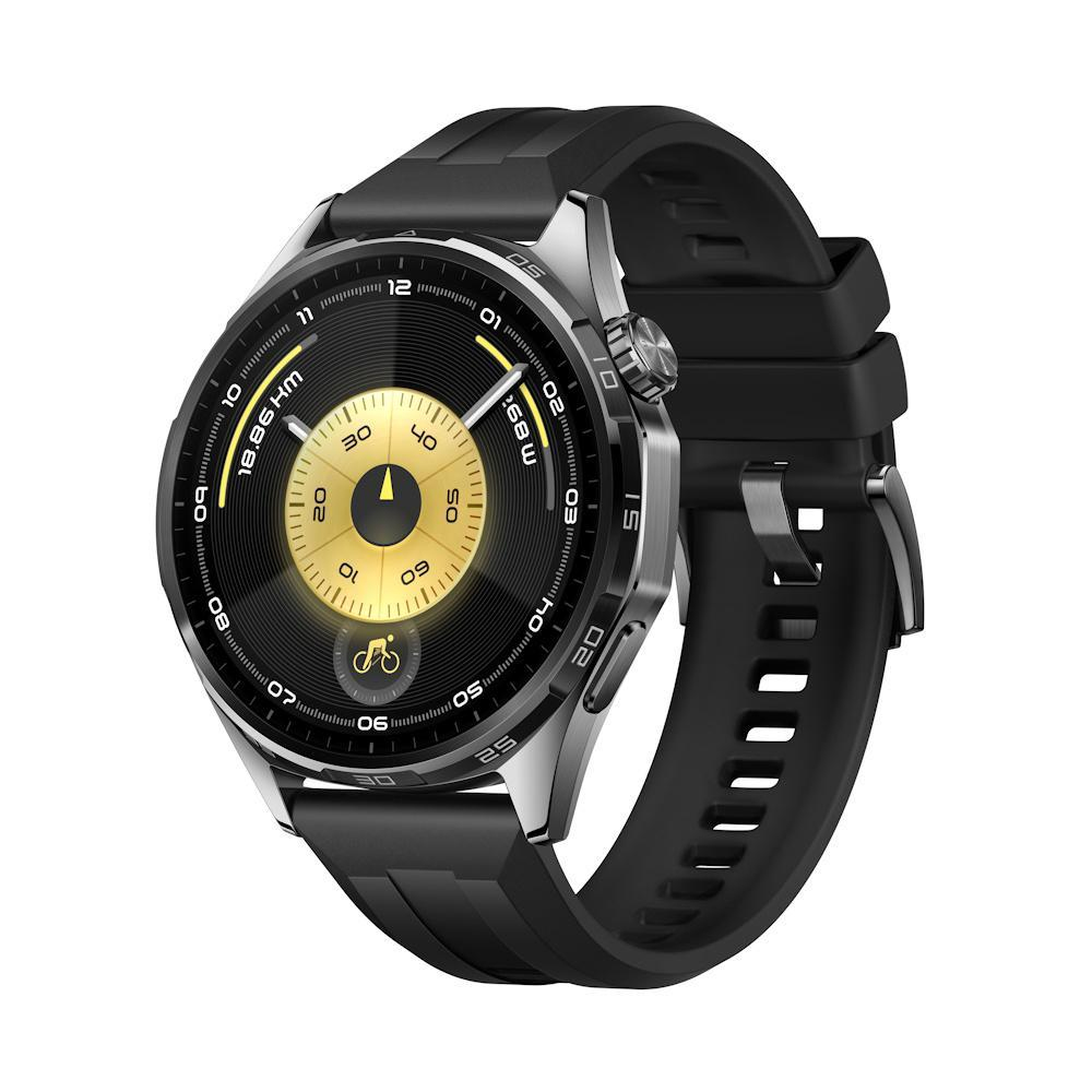Een smartwatch met een zwarte band. De wijzerplaat is goud en zwart en toont tijd, afstand en een fietspictogram.