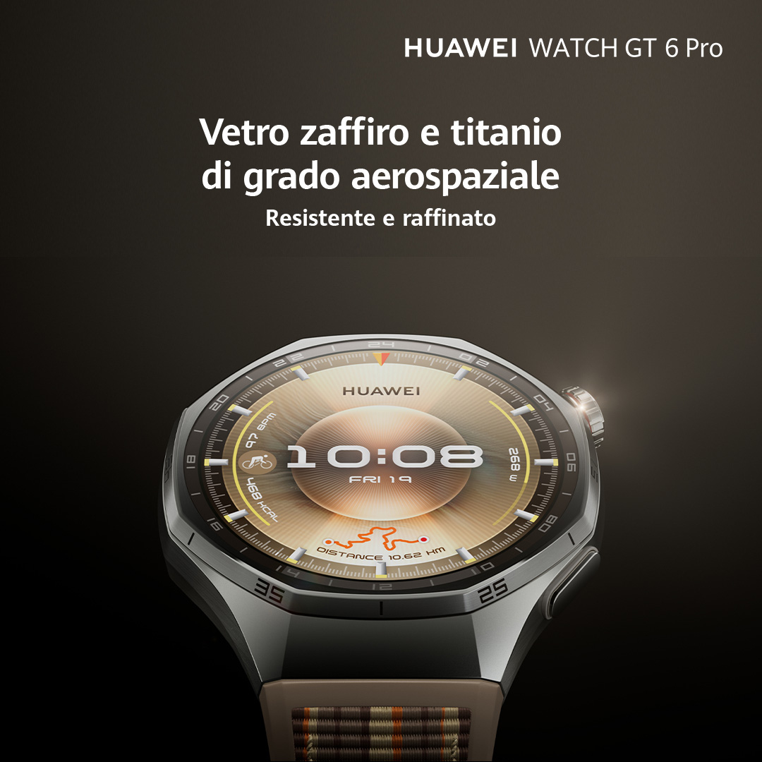 Eine Huawei Watch GT 6 Pro. Das Zifferblatt zeigt die Uhrzeit. Das Armband hat ein braunes und oranges Muster. Die Uhr befindet sich auf einem dunklen Hintergrund.