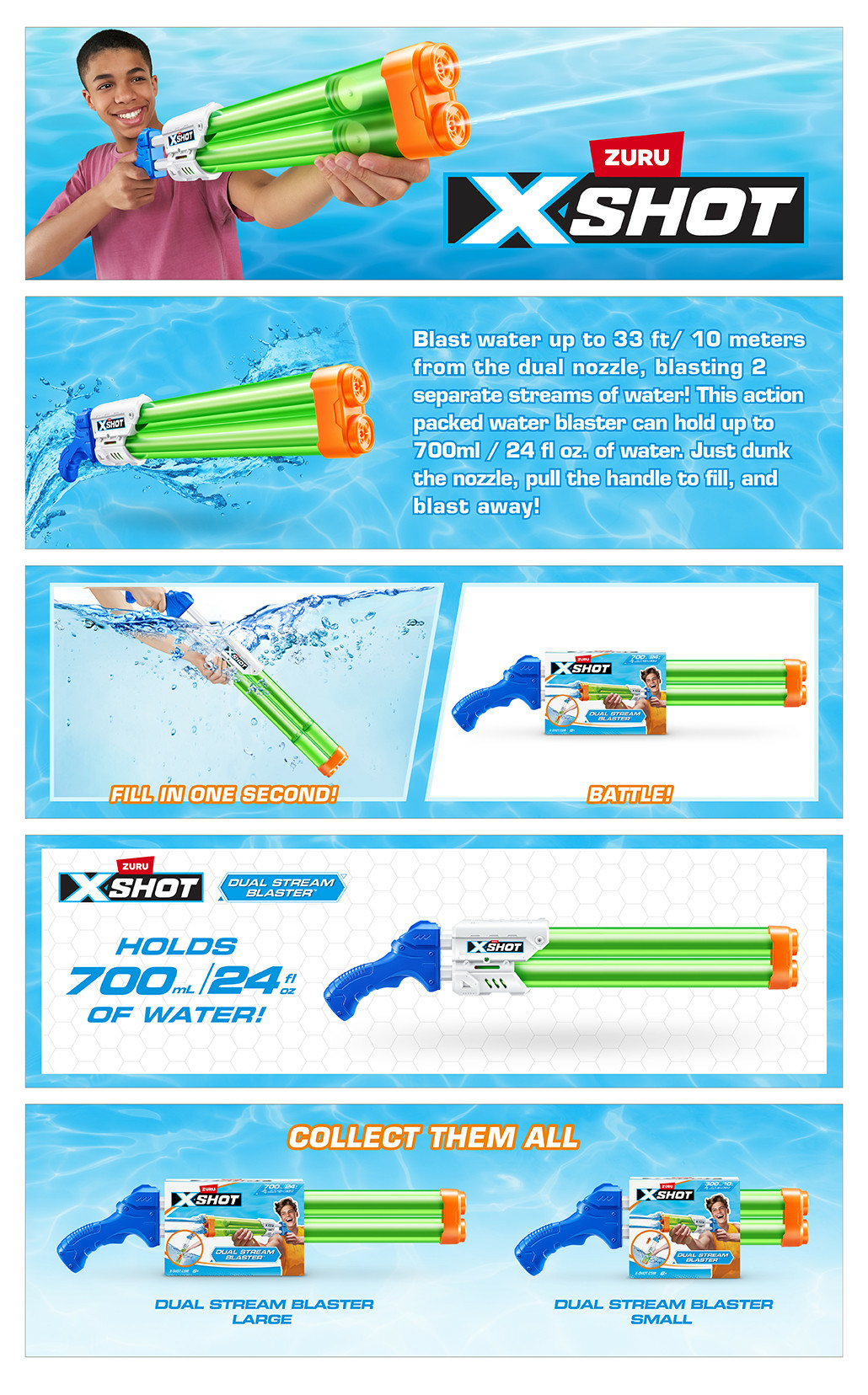 XSHOT Wasserwerfer. Ein Junge hält den grünen und orangen Blaster. Text beschreibt seine Eigenschaften und Wasserkapazität.