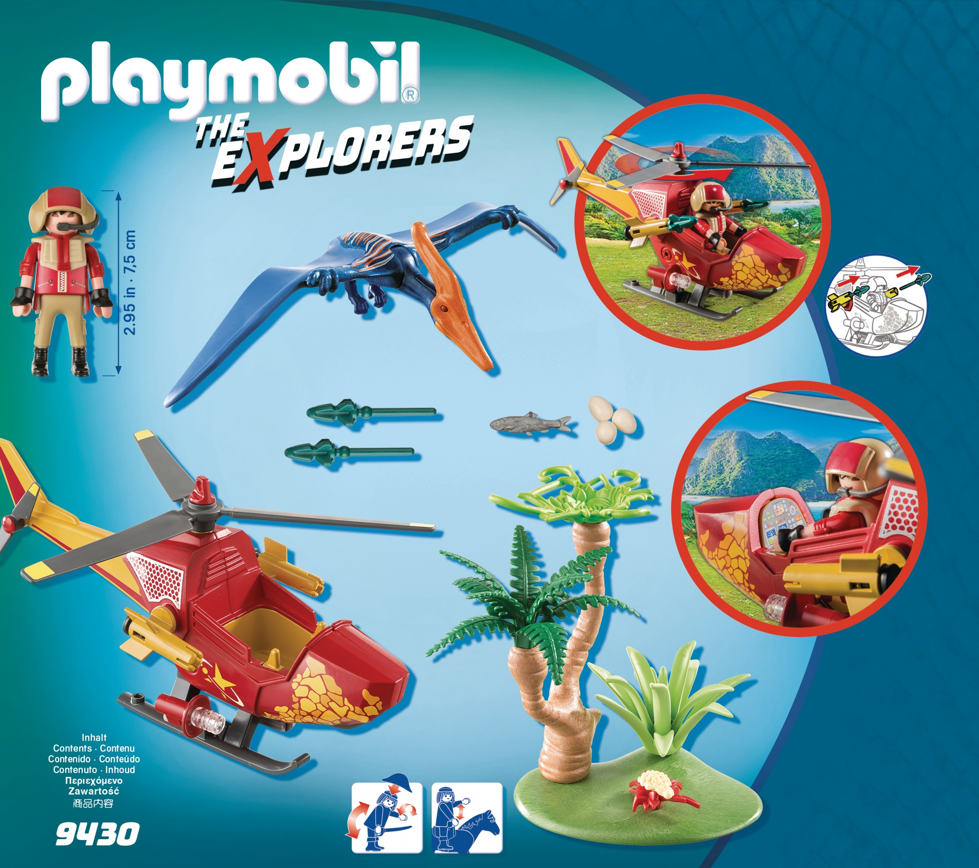 Zestaw Playmobil: helikopter, Pterodaktyl, figurki, ryby, jaja i rośliny. Dominują kolory czerwony i żółty.