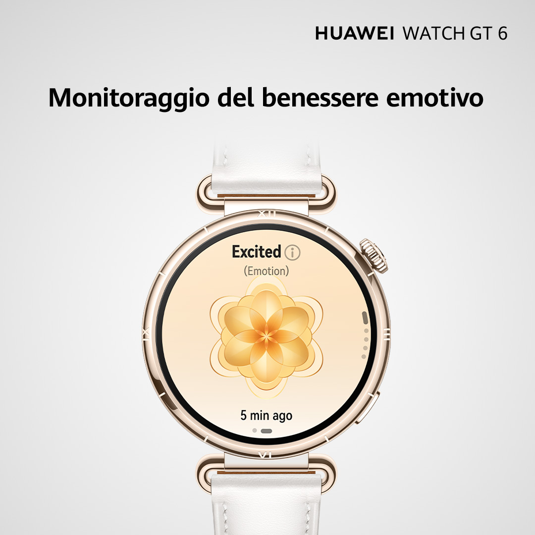 Een Huawei Watch GT 6 toont de emotie 'Excited' op het scherm. Het heeft een gouden rand en een witte leren band. De achtergrond is wit.