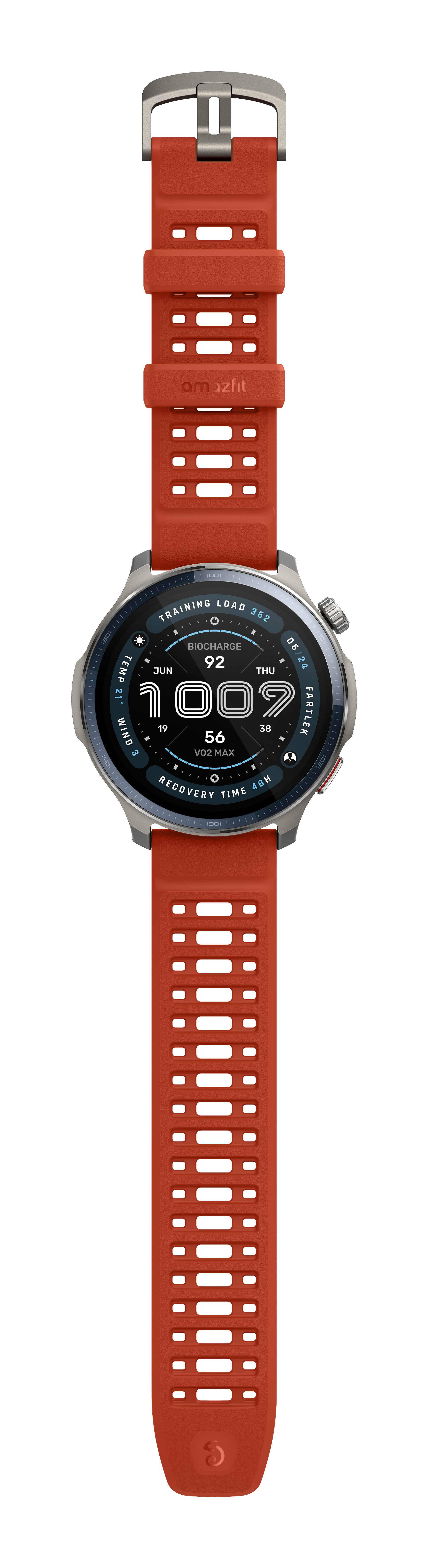 A smartwatch with a red strap. The watch face shows data, and the strap is perforated. The brand name is Amazfit.