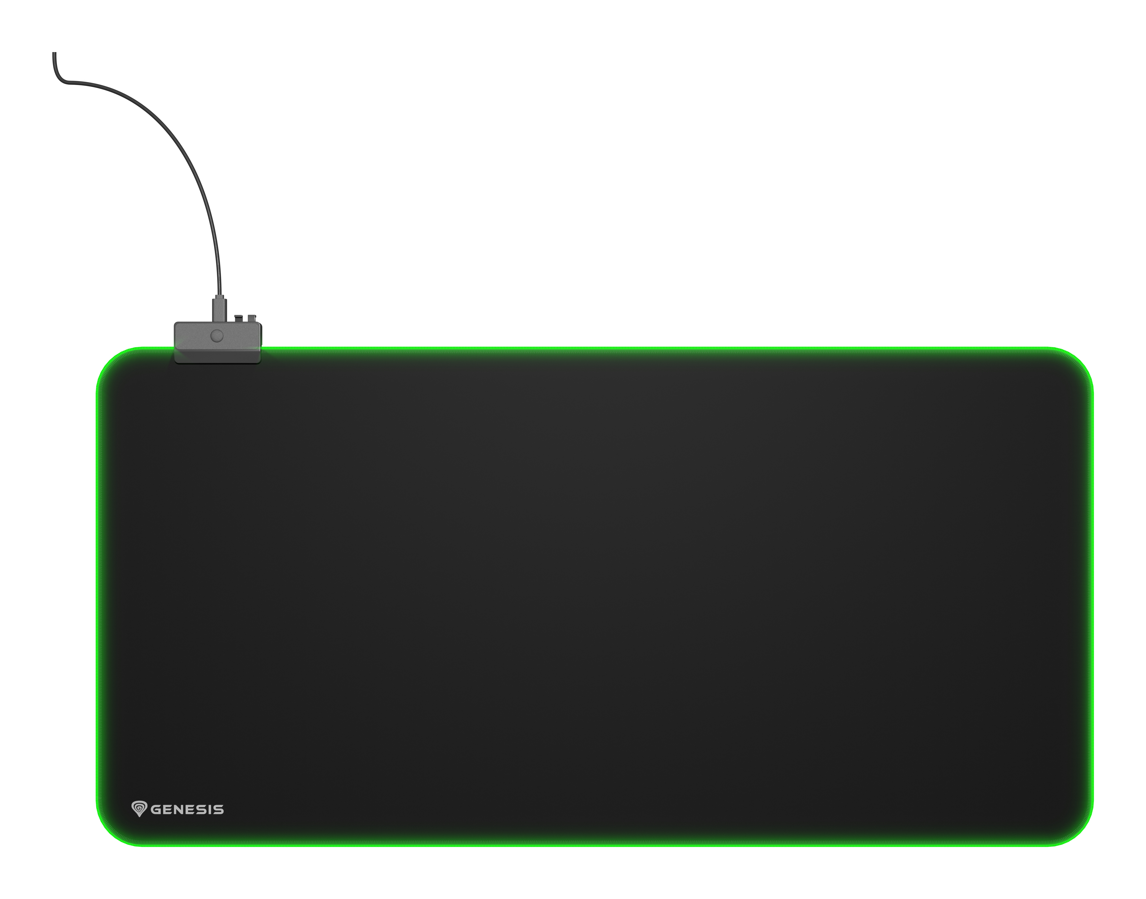 Czarna podkładka pod mysz z zielonym podświetleniem krawędzi i logo Genesis. Czarny kabel jest podłączony u góry.