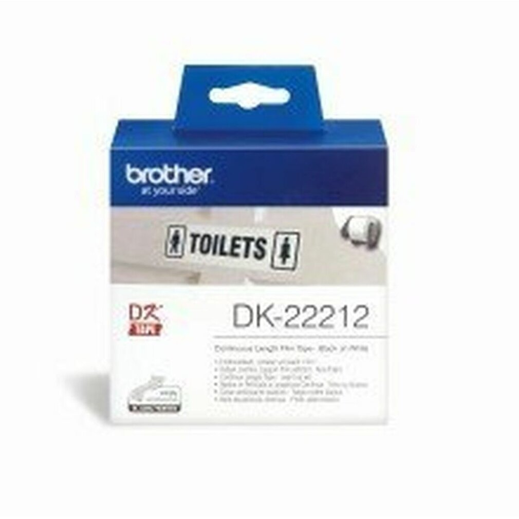 Una scatola di nastro per etichette Brother DK-22212. Ha un coperchio e una maniglia blu. La parte anteriore ha 'TOILETS' e un rotolo di carta igienica.