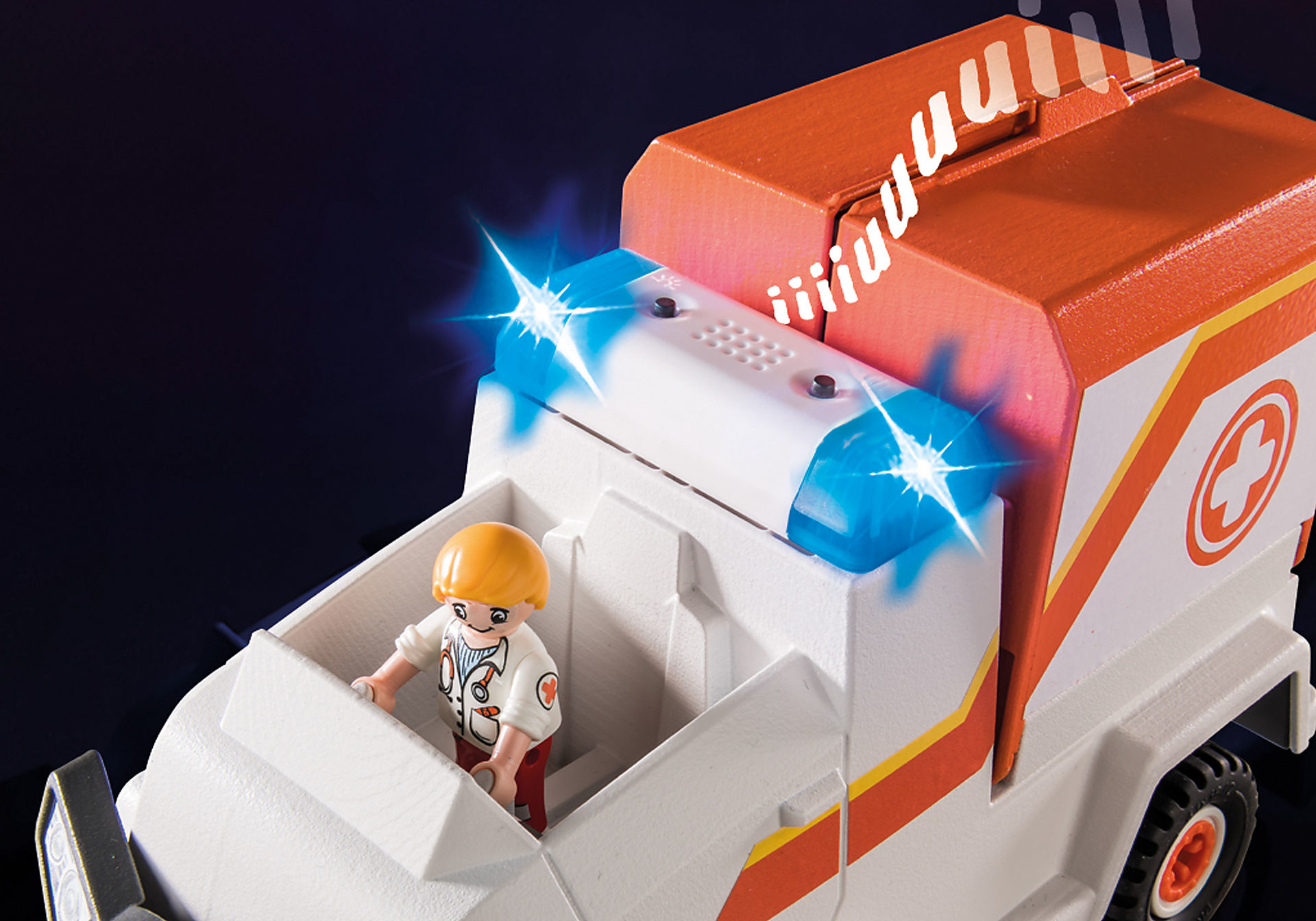 Ein Spielzeug-Krankenwagen mit einer Arztfigur. Der Krankenwagen ist weiß und orange mit blinkenden blauen Lichtern.