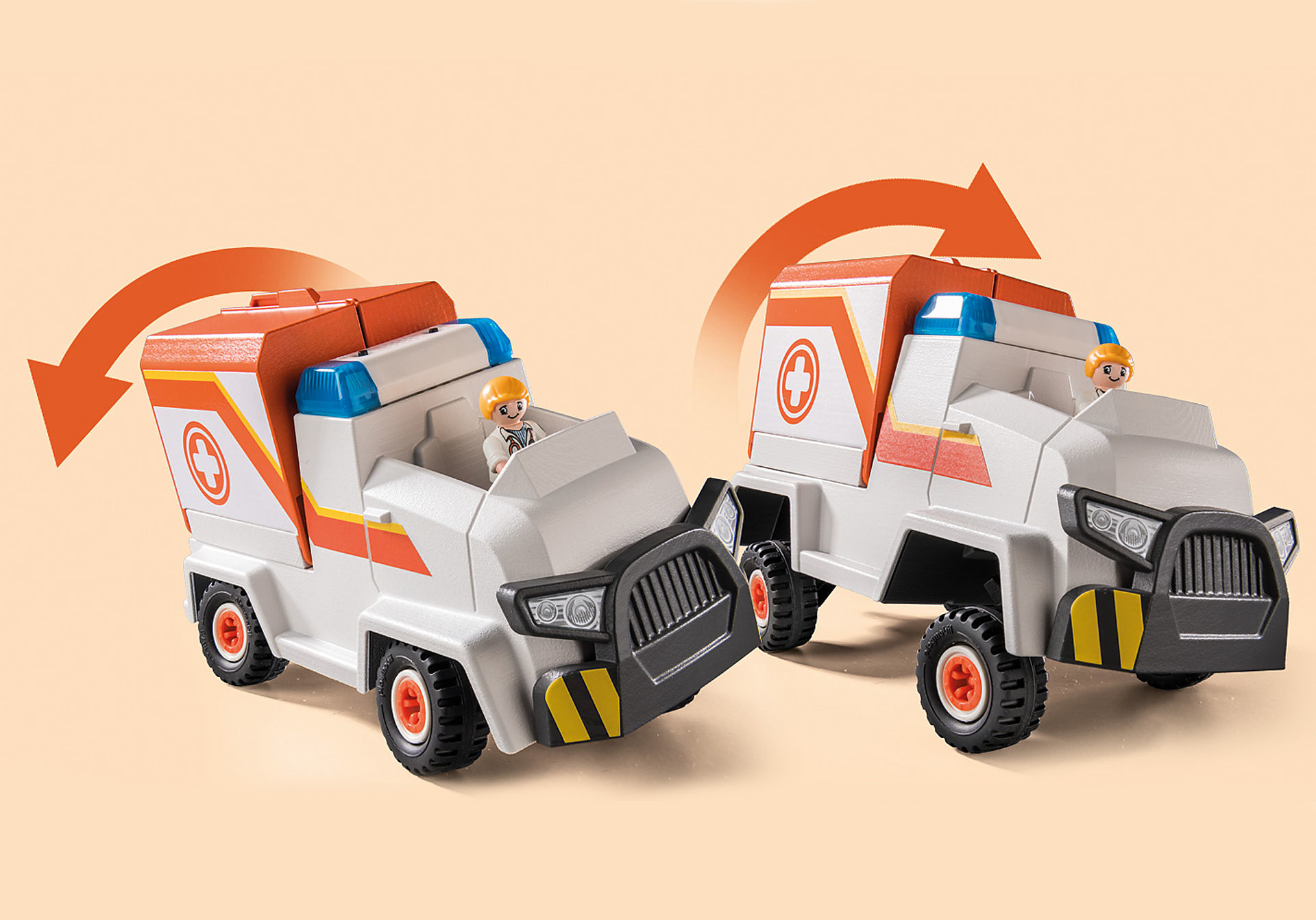 Zwei Spielzeug-Krankenwagen mit Figuren. Orangefarbene Pfeile zeigen eine Transformation. Weiß-orange Fahrzeuge mit schwarzen Details.