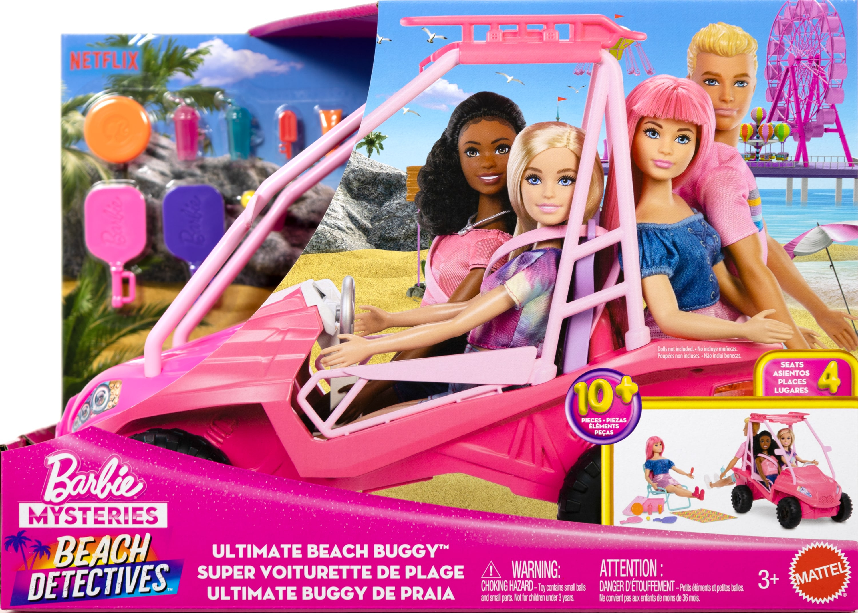 Zestaw zabawek Barbie z różowym buggy i lalkami Barbie. Pudełko ma logo Barbie Mysteries Beach Detectives.