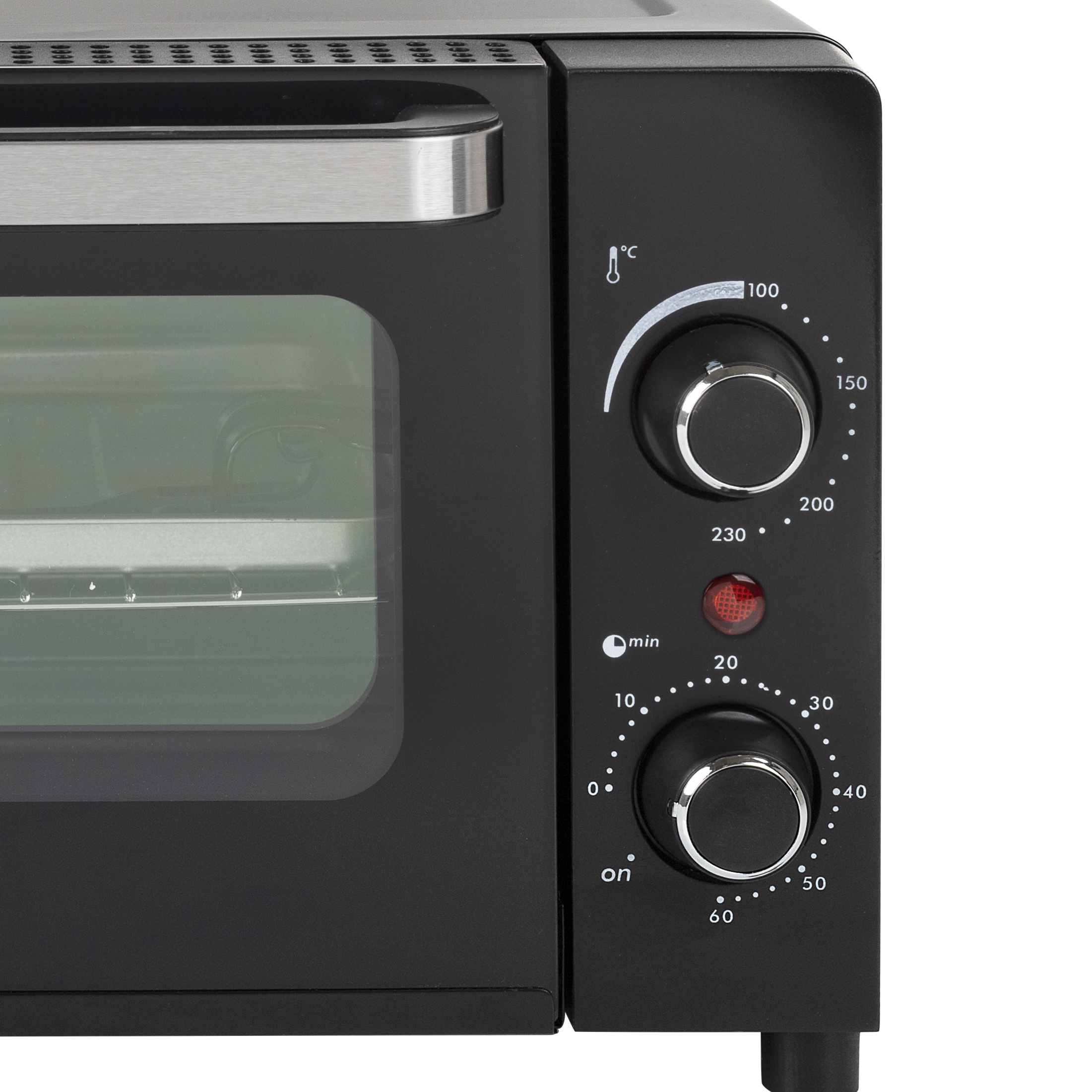 Horno tostador negro con diales para temperatura y tiempo. Puerta de cristal. Asa y ventilación plateadas. Luz roja encendida.
