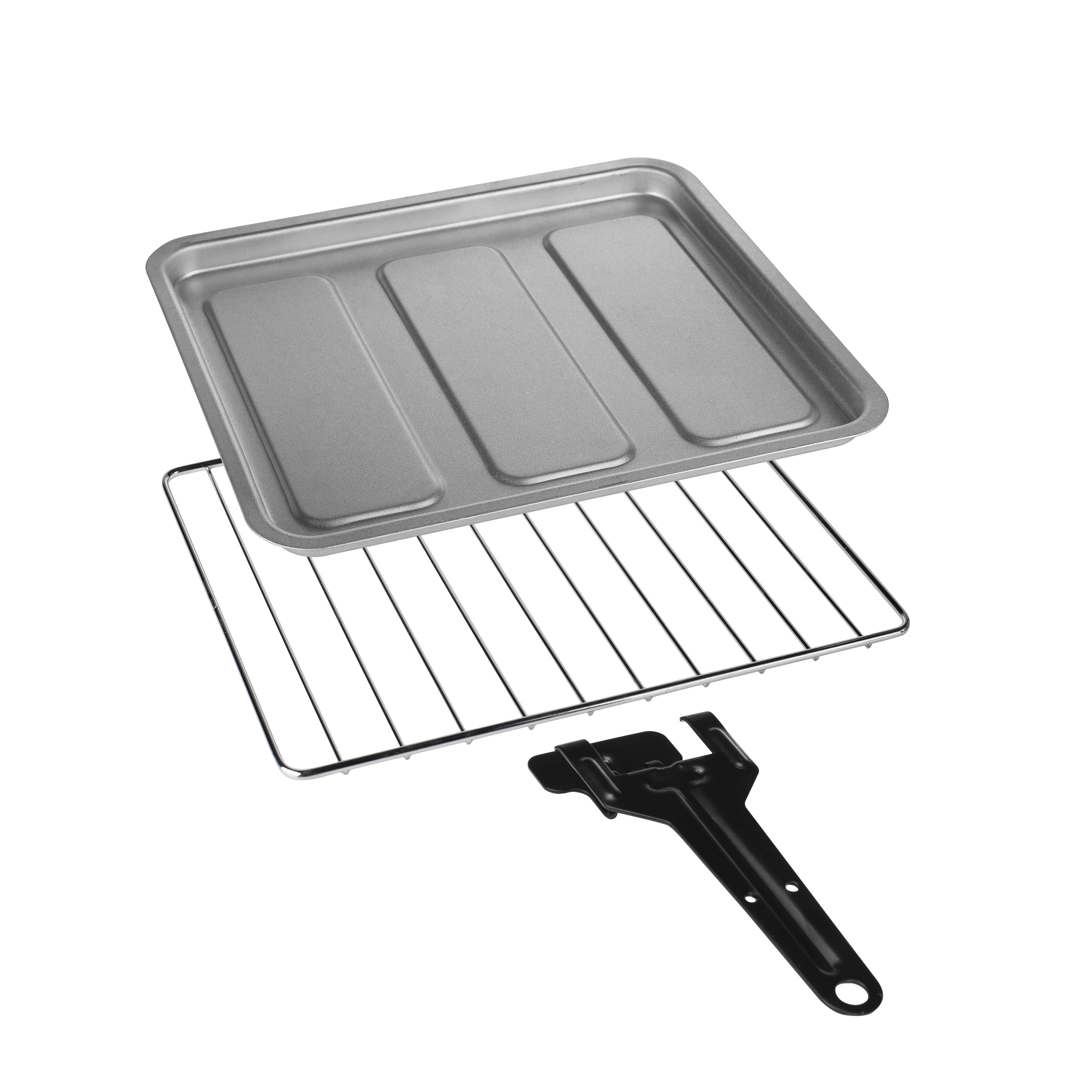 Bandeja para horno, rejilla y asa. La bandeja y la rejilla son plateadas. El asa es negra.