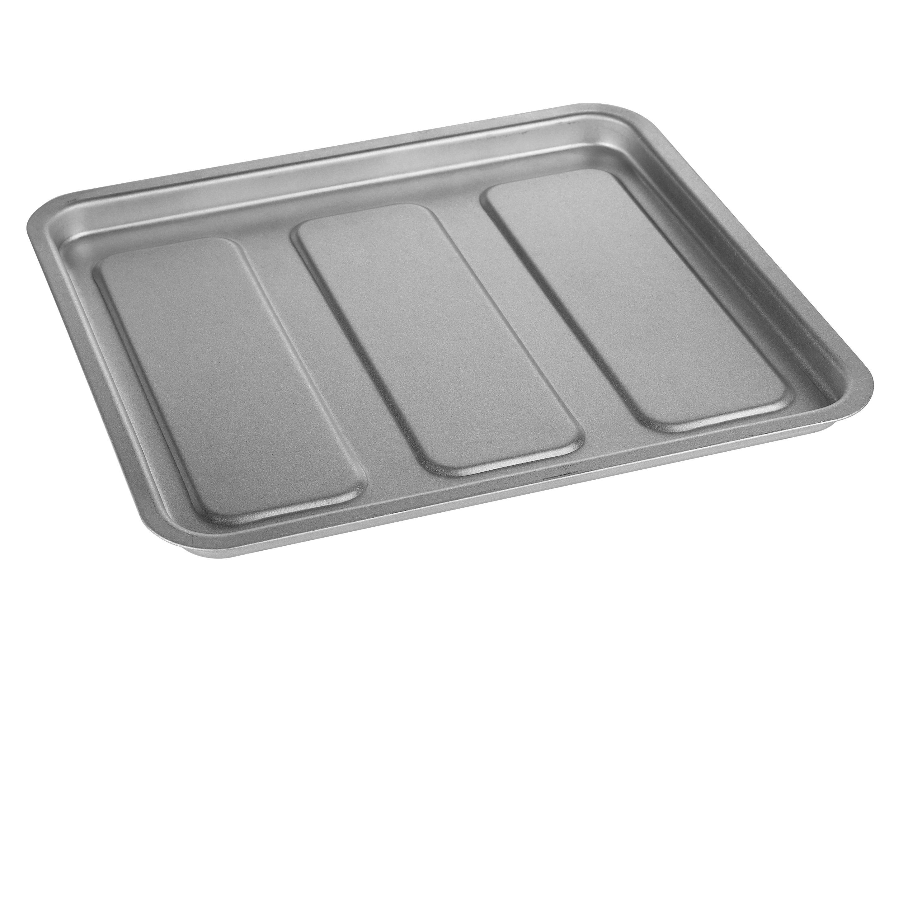 Una bandeja rectangular plateada con tres secciones rectangulares, sobre fondo blanco.