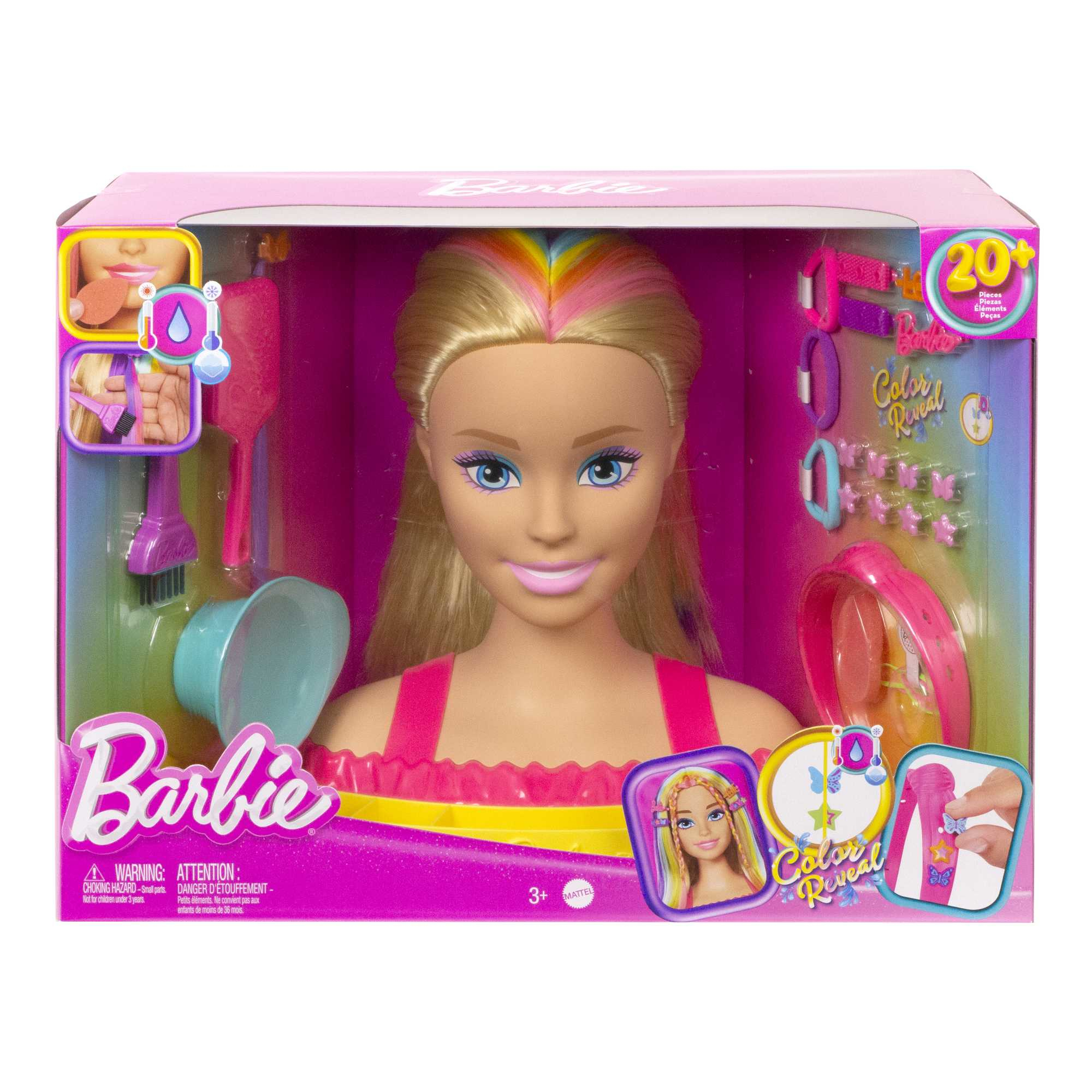 Lalka Barbie Color Reveal w pudełku. Lalka ma blond włosy z tęczowymi pasemkami i makijaż. Akcesoria w zestawie.
